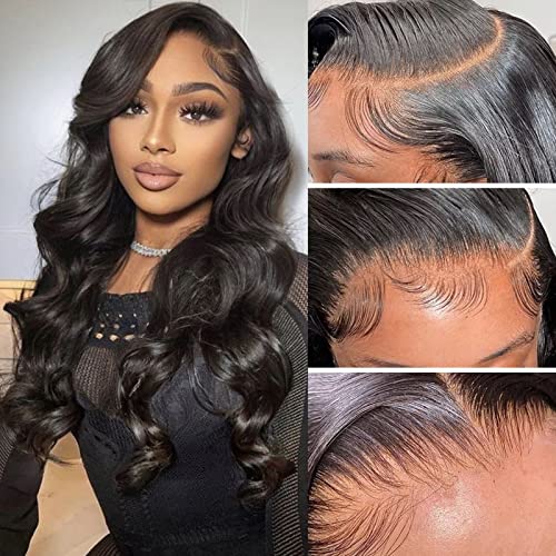 13x4 Lace Front Wigs Human Hair - Body Wave Pre Plucked Transparent Lace Wig with Baby Hair | 180% Density Natural Black Color 18 Inch | Perfect for Black Women, Daily Wear, Cosplay & Special Occasions