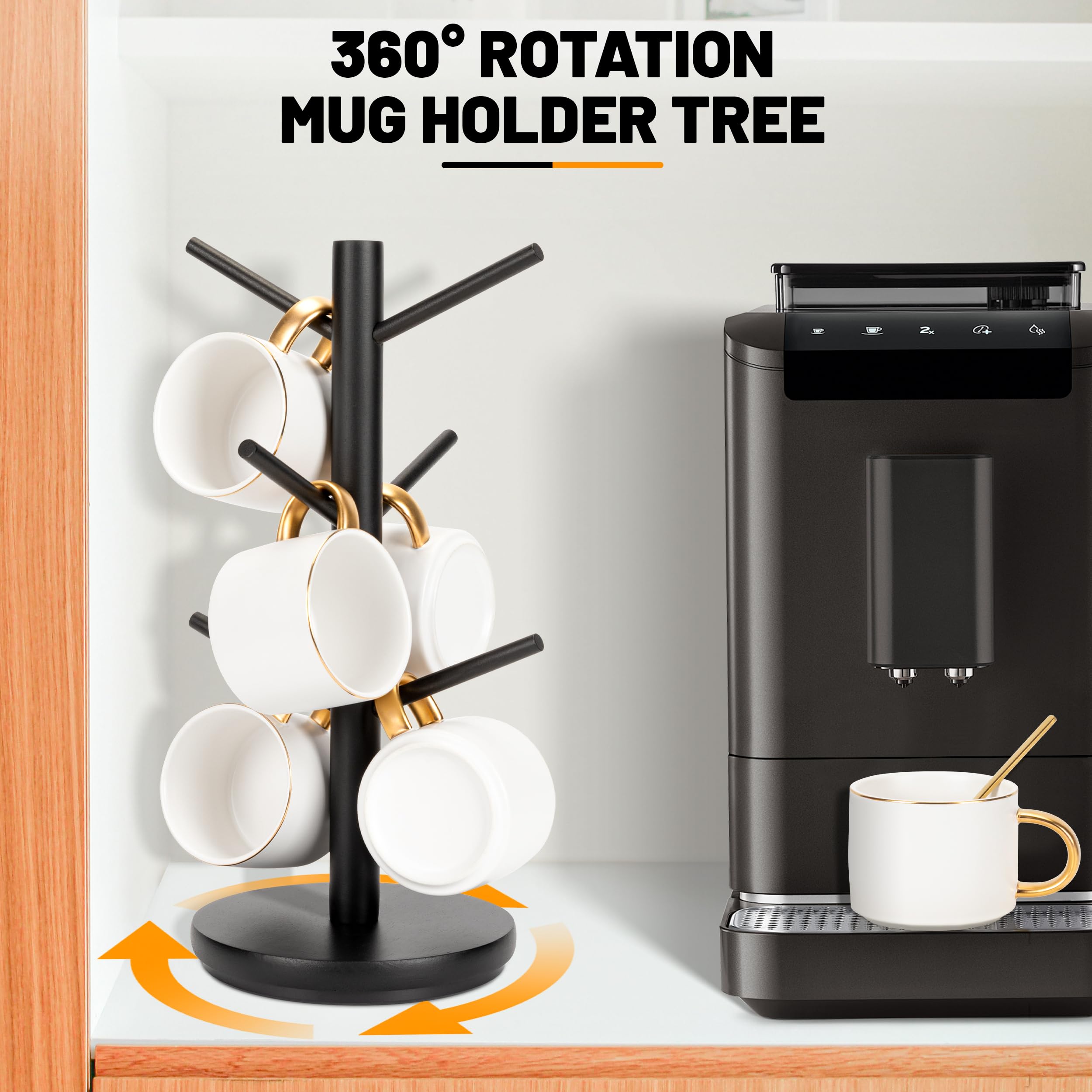MyLifeUNIT 360° Rotating Mug Holder Tree with 6 Hooks - Wooden Coffee Cup Organizer for Countertop & Coffee Bar - Perfect for Kitchen, Office, or Cafe (Black)