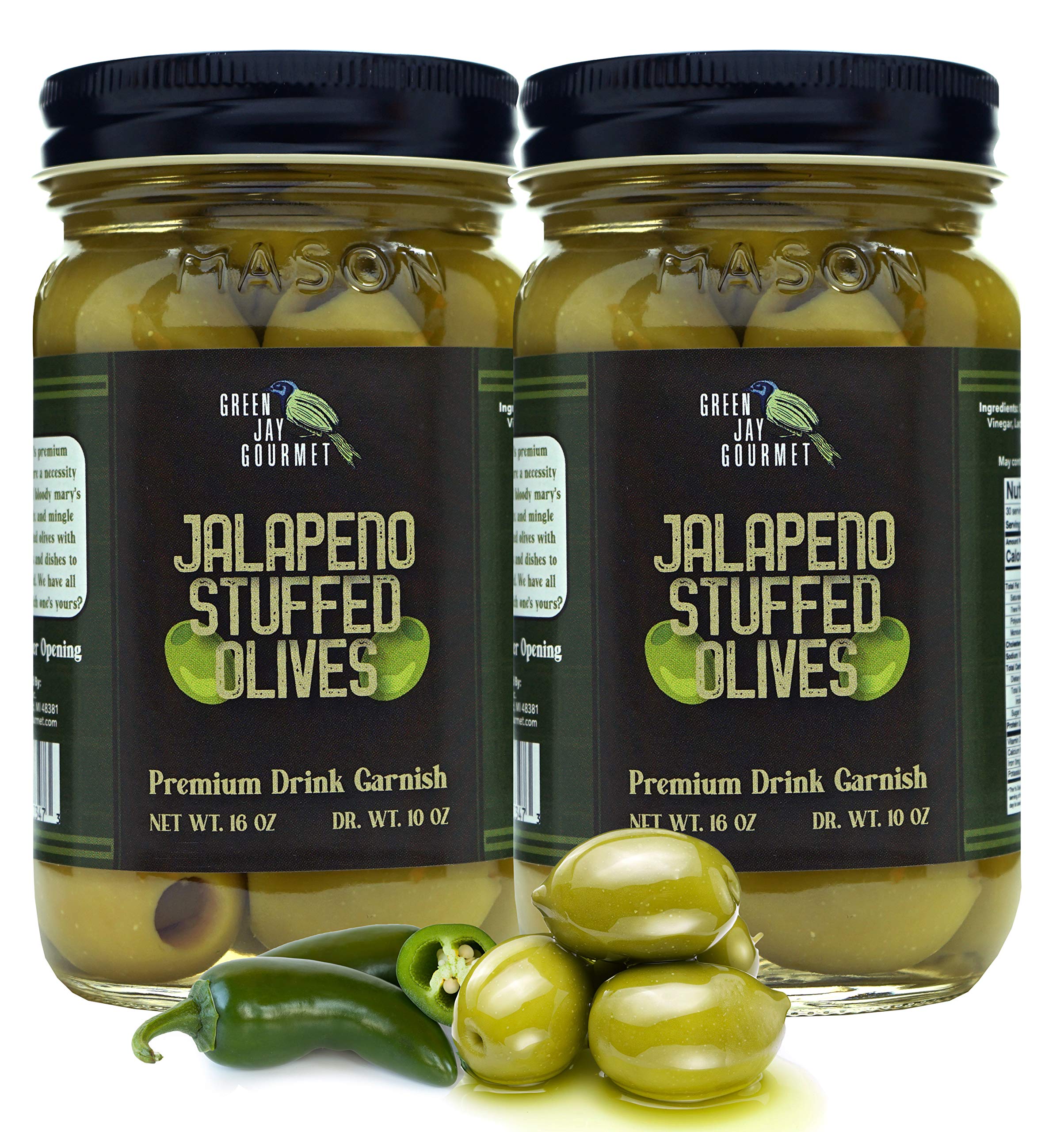 **Premium Green Jay Gourmet Jalapeno Stuffed Olives – Large All-Natural Stuffed Green Olives for Cocktails, Cheese Boards & Dirty Martinis – 2 x 16 Oz Jars – Perfect for Party Snacks, Charcuterie & Gourmet Recipes**