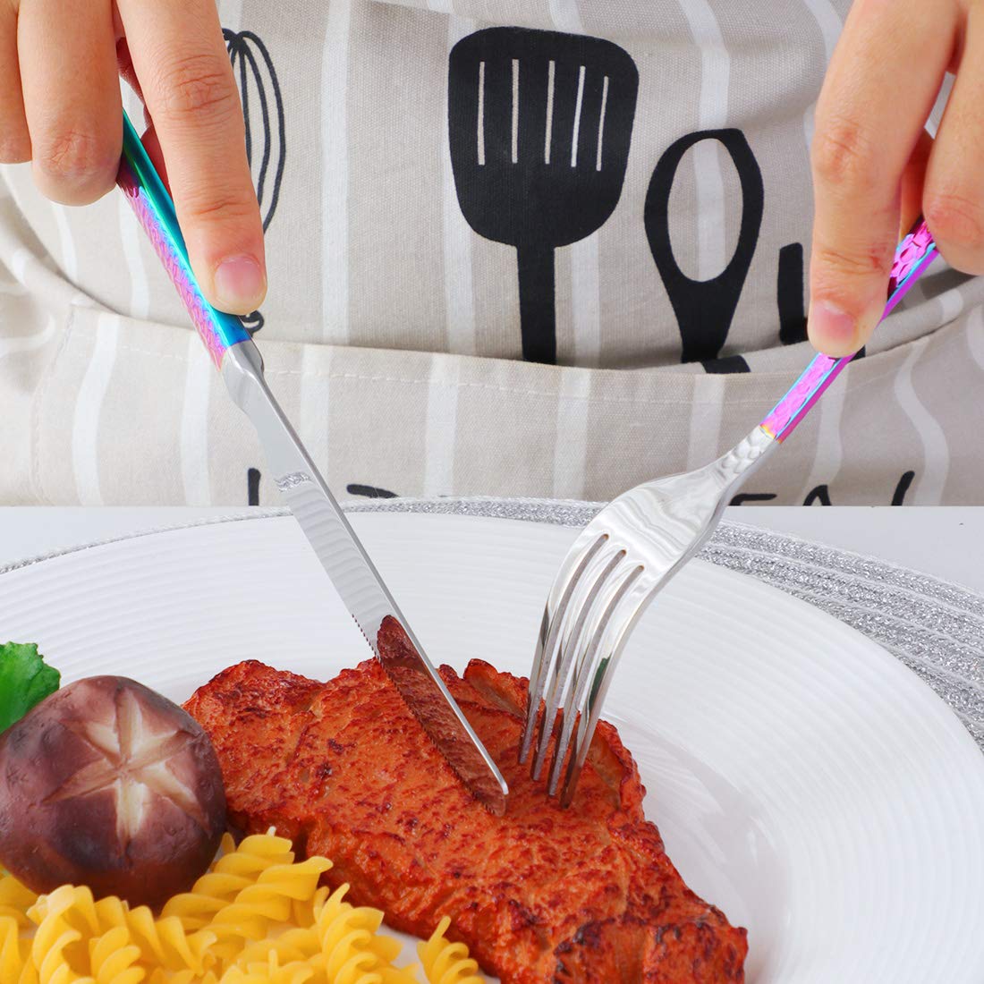 BuyGo 20-Piece Stainless Steel Flatware Set - Hammered Design Silverware for 4 People, Durable Dinnerware with Rainbow Handle - Perfect for Dining, Parties, and Everyday Use