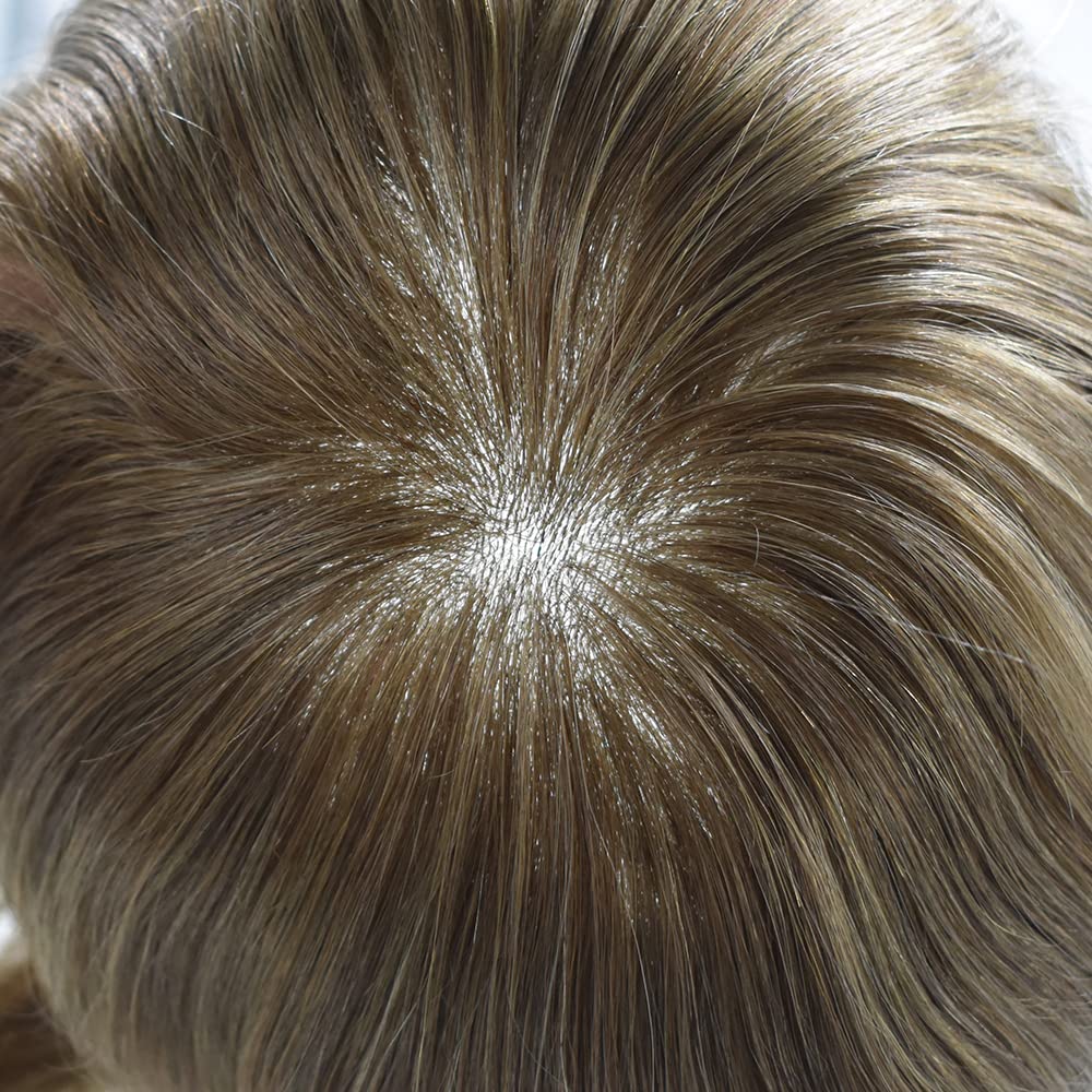 100% European Human Hair Toupee for Men - 0.12mm Thin Skin V-Looped Hair Replacement System with Durable Poly Base (8