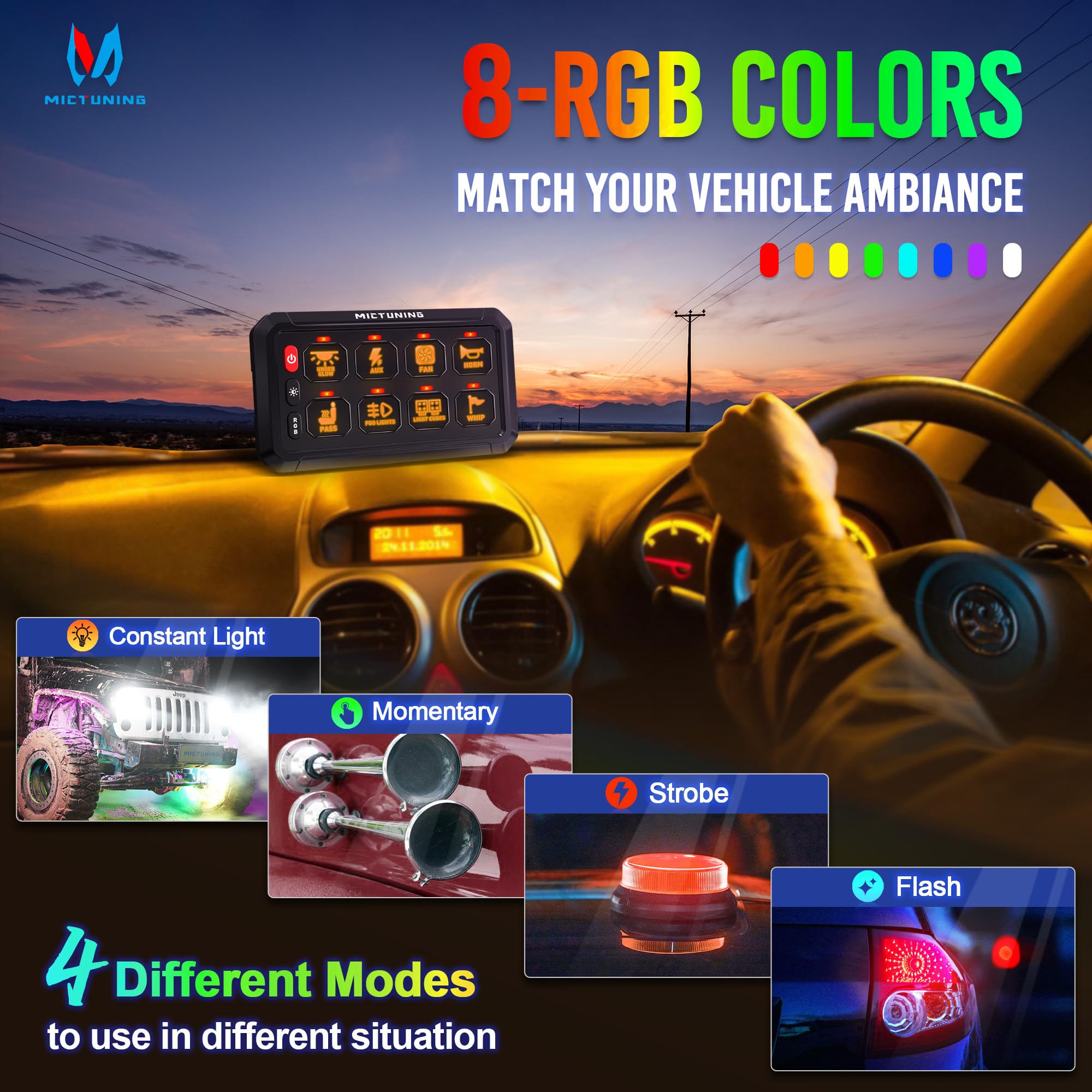 MICTUNING Upgraded P1s-X RGB 5 Inch 8 Gang Switch Panel - Multifunction Toggle Momentary Strobe Pulsed Switch Pod with 5-Level Brightness Control | Circuit Relay System Box for Truck, RV, Offroad Vehicles | Perfect for Custom Lighting & Accessory Control in Automotive Applications
