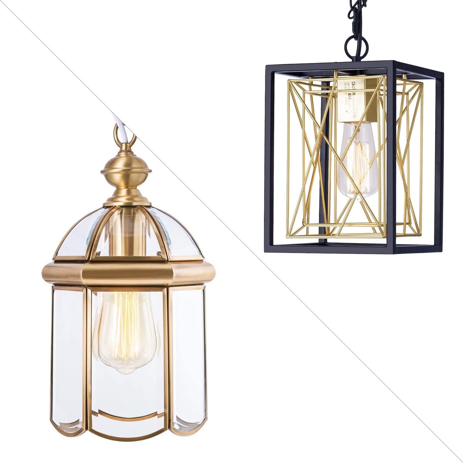 Outdoor Waterproof Brass Hanging Light Fixture - Adjustable Chain Porch Light for Yard, Doorway & Indoor - UL Listed Cage Pendant Lighting (E26 Base, Black Gold) - Perfect for Kitchen Island, Entryway, Patio & Dining Room Decor