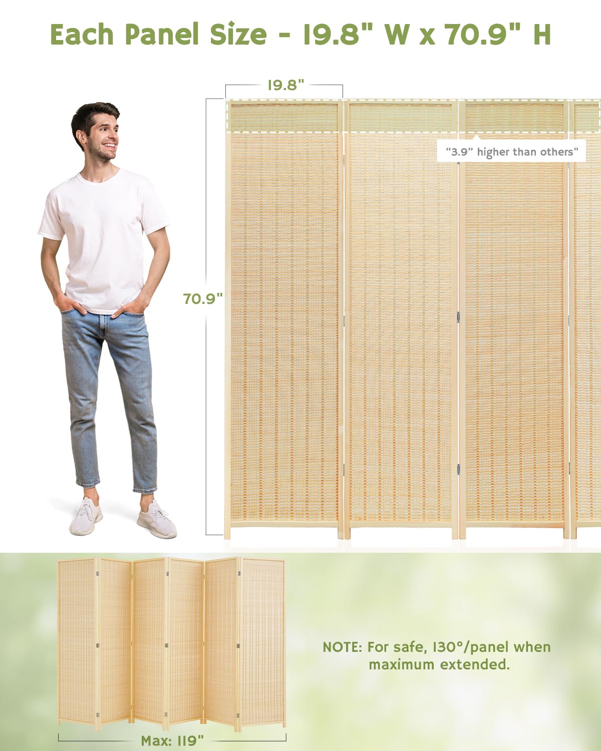 JOSTYLE 6-Panel Bamboo Room Divider - 6ft Tall Folding Privacy Screen for Home & Office | Freestanding Partition Wall for Room Separation, Space Division & Decoration | Perfect for Bedrooms, Living Rooms, Yoga Studios & Event Spaces (Beige)