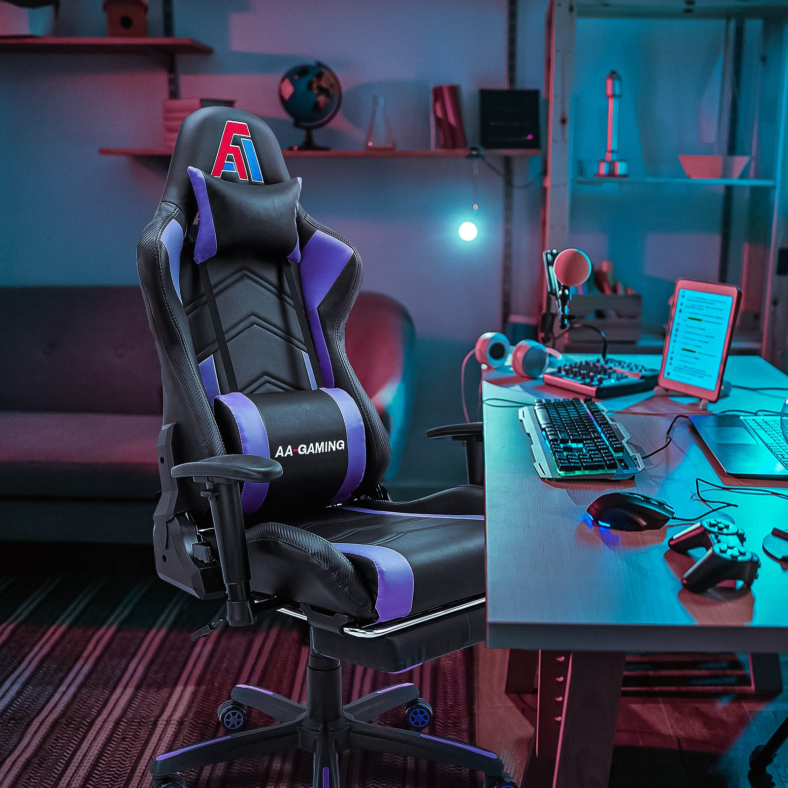 AA Products Ergonomic Gaming Chair - High Back Racing Style Computer Chair with Adjustable Lumbar Support, Footrest & 360° Swivel (Black-Purple) - Perfect for Esports, Streaming & Home Office Workstations