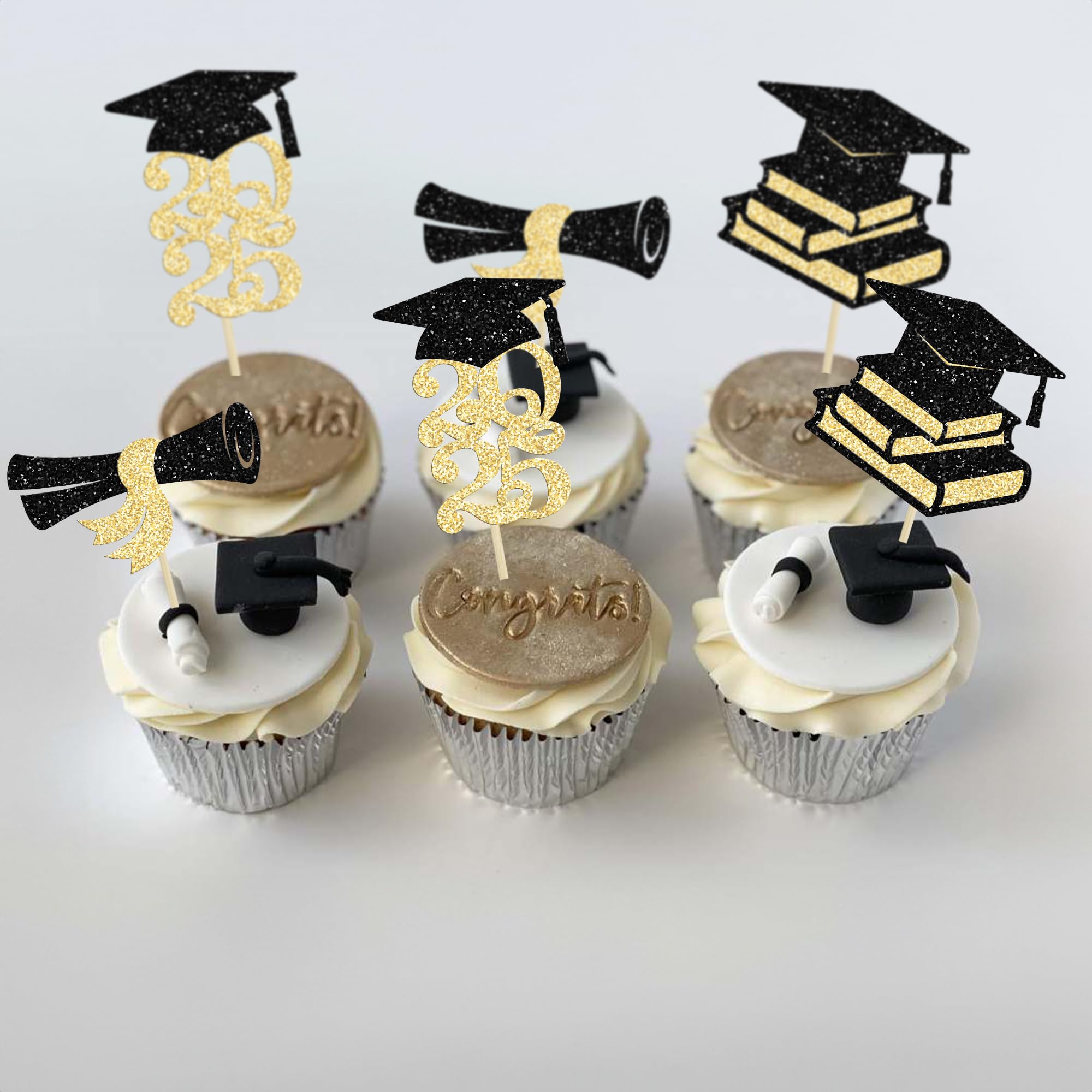 Ephlyn 24Pcs 2025 Graduation Cupcake Toppers - Glitter Diploma & Grad Cap Cake Decorations for Class of 2025 Party Supplies (Black & Gold) | Perfect for Graduation Celebrations, School Parties & Dessert Table Decor