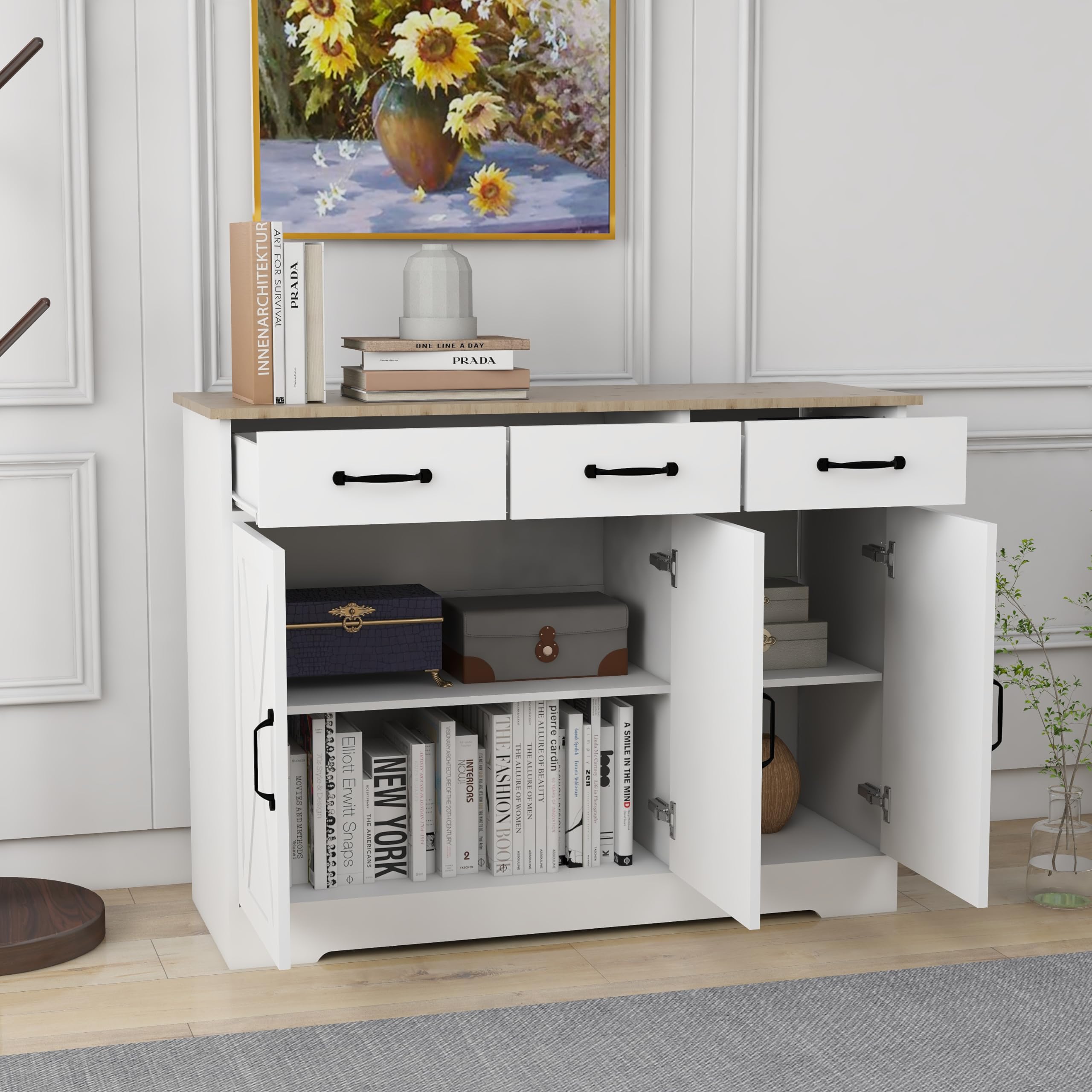 RASOO White 3-Door Sideboard Buffet Cabinet with 3 Drawers - Farmhouse Style Kitchen Storage Cabinet with Cross Doors for Dining Room, Living Room & Home Decor - Perfect for Entertaining Guests & Organizing Dishes