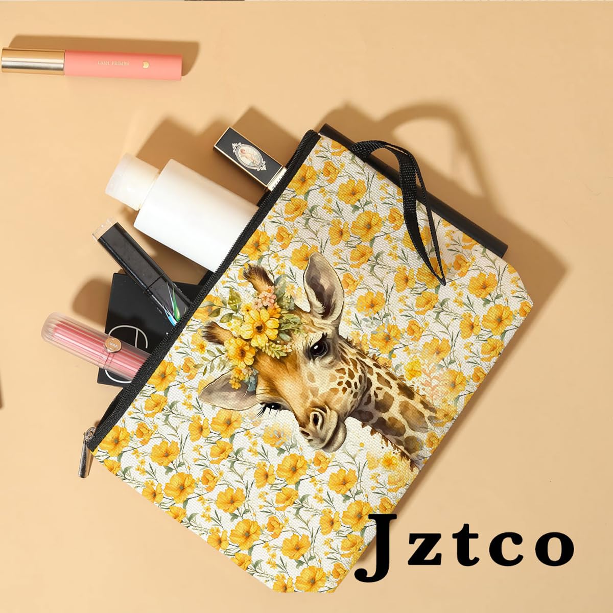 Giraffe Print Cosmetic Bag - Cute Animal Themed Toiletry Pouch for Women, Best Friend, Coworker - Perfect Gift for Birthday, Graduation, Mother's Day - Floral Makeup Travel Bag for Farm Girl & Animal Lovers (Great for Travel, Gym & Daily Use)
