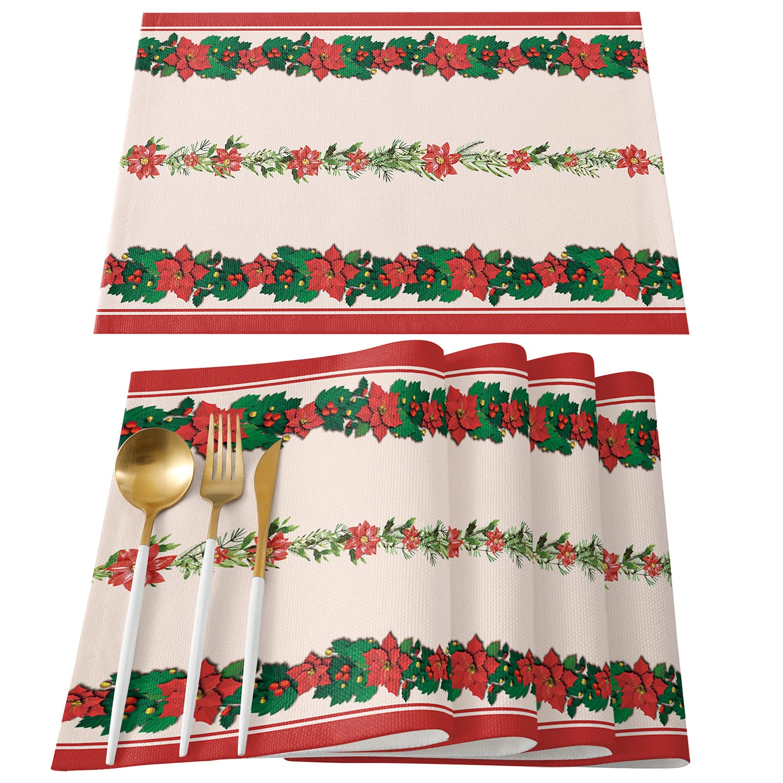 Christmas Placemats Set of 4 - Red Poinsettia Floral Pine Cotton Linen Table Mats (13x19 Inch) Washable for Dining Table, Kitchen, Party & Wedding Decor - Perfect for Holiday Dinners, Festive Gatherings & Seasonal Home Decoration