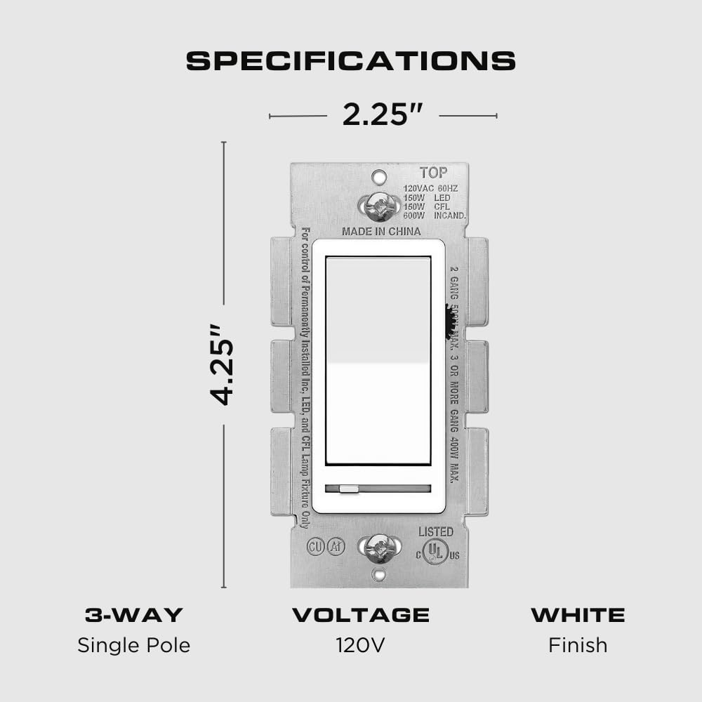 LED Wall Dimmer Switch for LED Lights - 3-Way & Single Pole, 150W LED/CFL & 600W Incandescent Compatible, Rocker & Slide Dimmer, No Neutral Wire (120V) - Perfect for Bedrooms, Living Rooms & Home Lighting Control