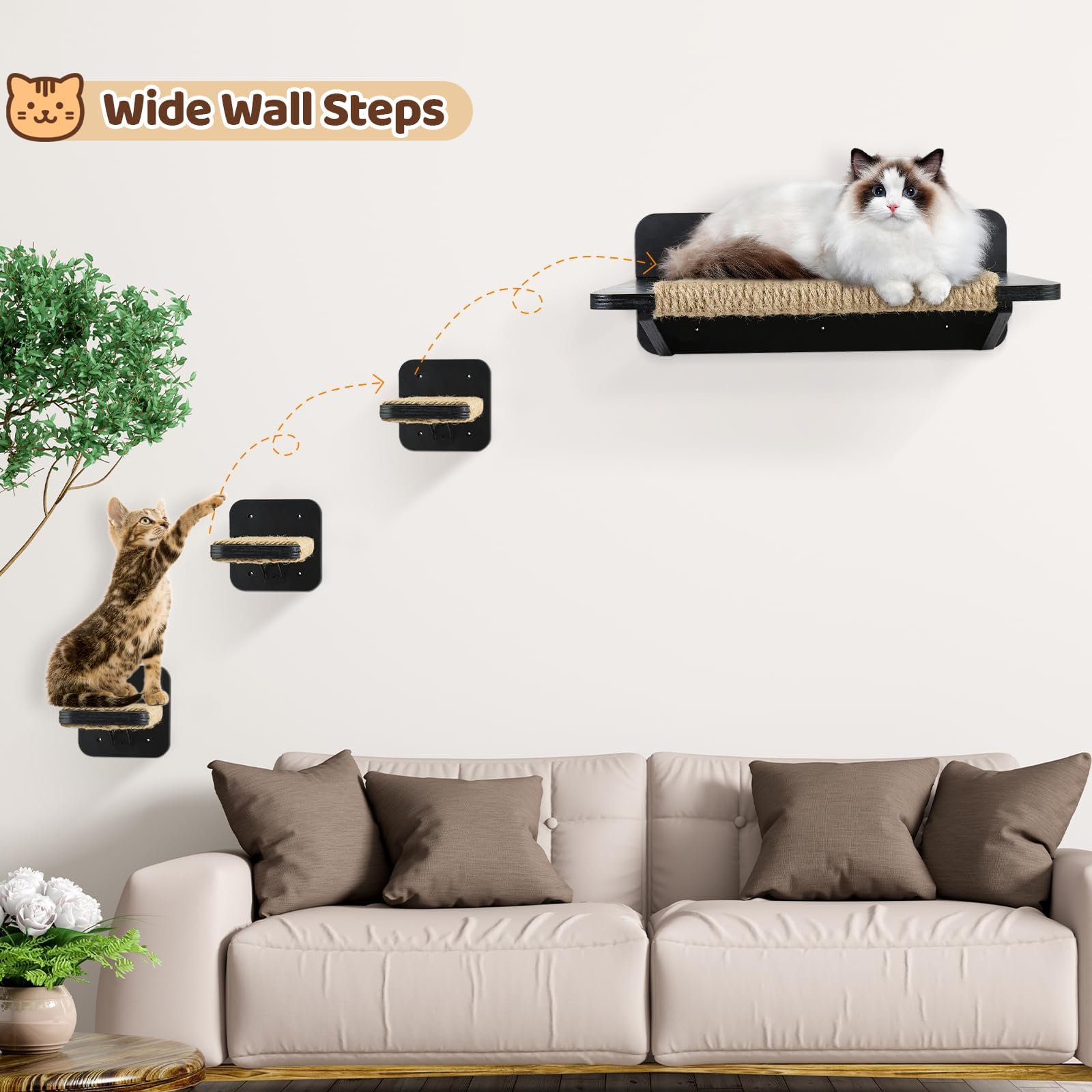 Premium Cat Wall Shelves & Hammock Set - 3-Tier Climbing Perches with Hemp Rope Scratching Posts | Wall-Mounted Cat Furniture for Indoor Cats | Perfect for Play, Rest & Vertical Space Exploration