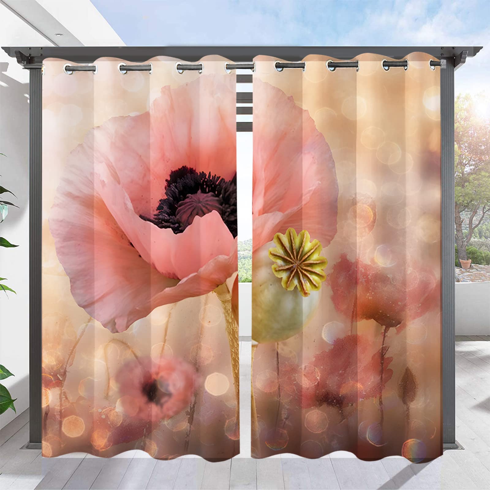 Pink Floral Blackout Outdoor Curtains 84x54 Inches - Soundproof Thermal Insulated Grommet Curtain Panels for Patio, Garden, and Backyard Decor - No Rods Needed - Perfect for Privacy, Sun Protection, and Outdoor Relaxation