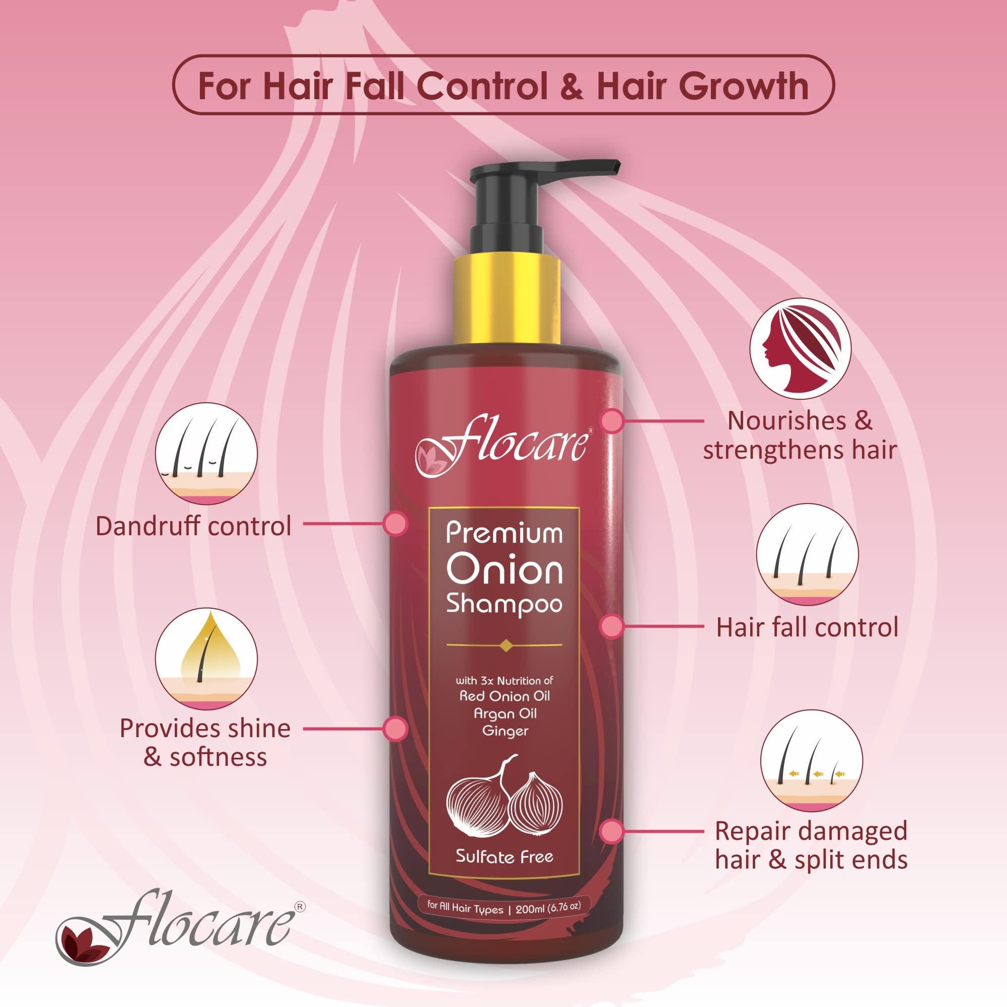 Premium Onion Shampoo for Hair Growth & Fall Control - Sulfate & Paraben Free with Onion Oil, Ginger & Argan Oil - Healthy Strong Shiny Hair for Men & Women (200ml) - Ideal for Daily Hair Care & Scalp Nourishment