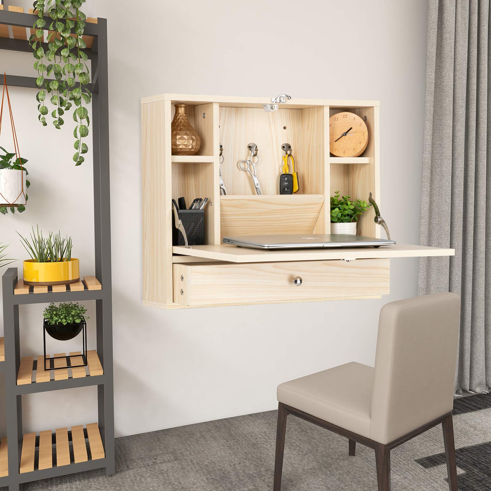 Wall Mounted Floating Desk with Storage Drawer & Shelves - Space Saving Multi-Function Laptop Desk for Home Office, Bedroom or Small Spaces - Wood Finish Home Organization Solution