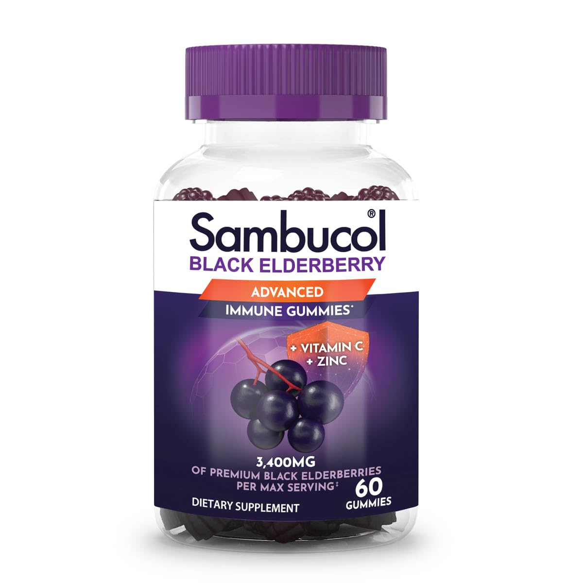 Sambucol Black Elderberry Gummies with Zinc & Vitamin C - Immune Support Supplement for Adults (60 Count) - Boosts Immunity During Cold & Flu Season