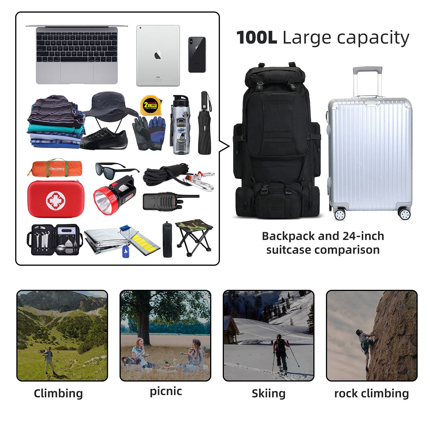 100L Waterproof Lightweight Camping Backpack - Molle Military Tactical Rucksack for Hiking, Travel & Outdoor Adventures (Black) - Perfect for Camping Gear, Survival Equipment & Daily Use
