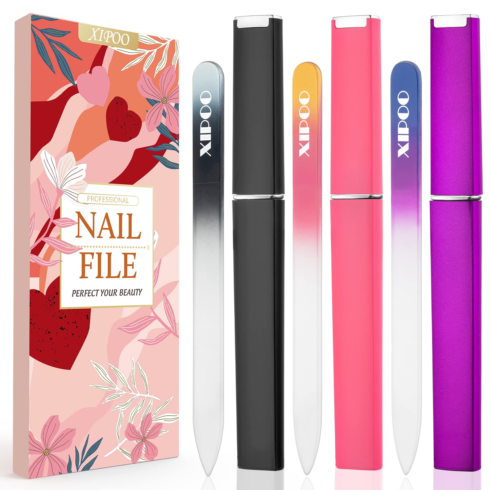Premium Glass Nail Files 3 Pack with Case - Crystal Nail File for Natural Nails - Professional Salon Manicure Tool - Perfect Gift for Women & Girls - Ideal for Home, Travel & Salon Use - By XIPOO