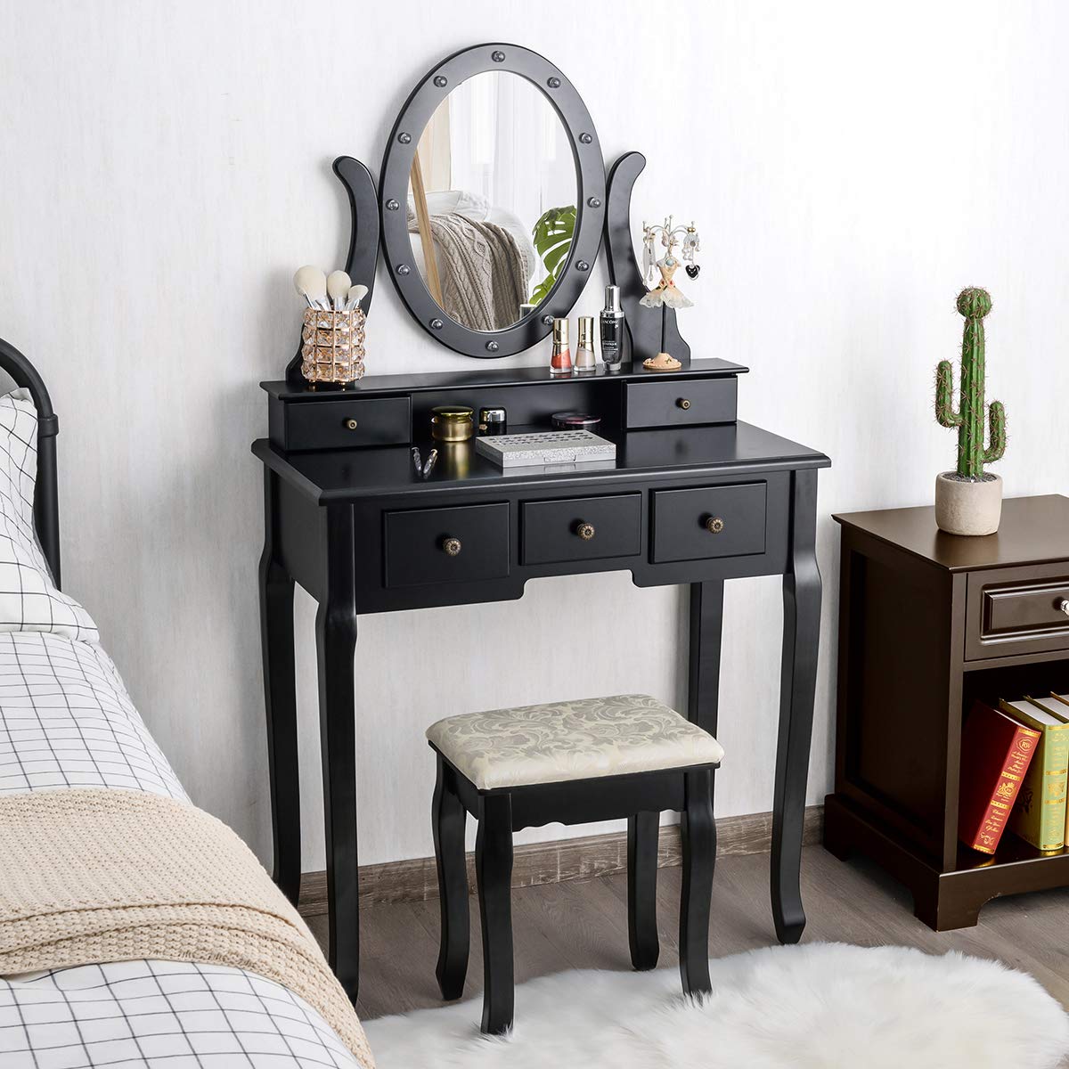 GOFLAME 360° Rotating Oval Makeup Mirror Vanity Set with LED Lights - Dressing Table & Cushioned Stool, 5 Sliding Drawers, Detachable Top - Perfect for Bedroom, Dressing Room, Home Decor (Black) | Ideal for Makeup Application, Skincare Routine & Home Organization