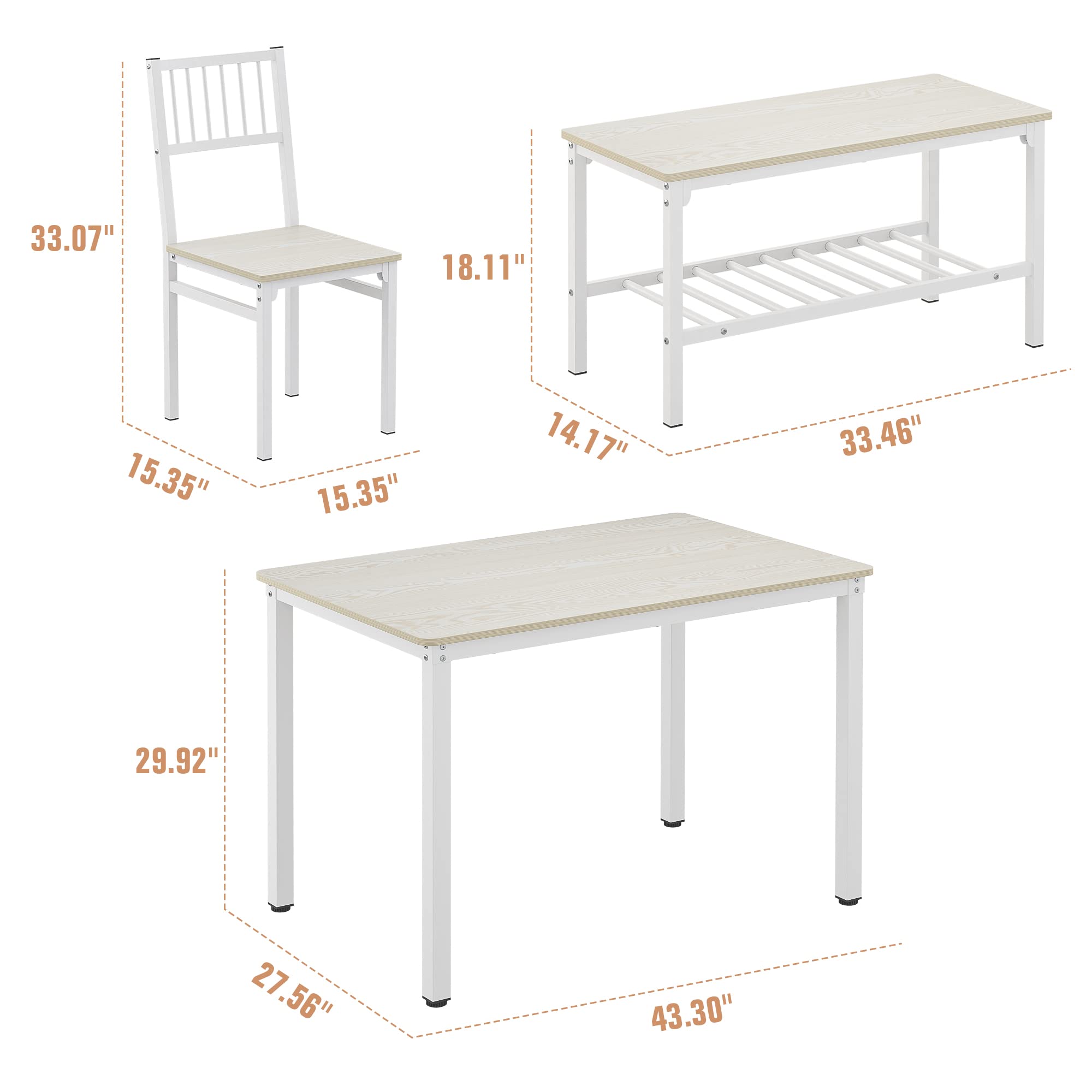 Teraves 4-Piece Dining Table Set with 2 Chairs & Bench - 43
