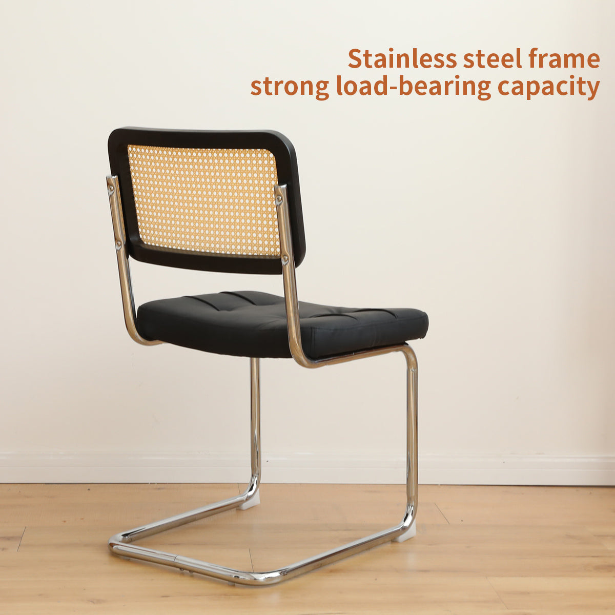 Modern Mid Century Breuer Style Dining Chairs Set of 2 - Faux Leather & Rattan Accent Chairs with Chrome Legs for Living Room, Kitchen, Dining Area - Black Upholstered Side Chairs (2-Piece Set) - Perfect for Small Spaces, Breakfast Nooks and Contemporary Home Decor