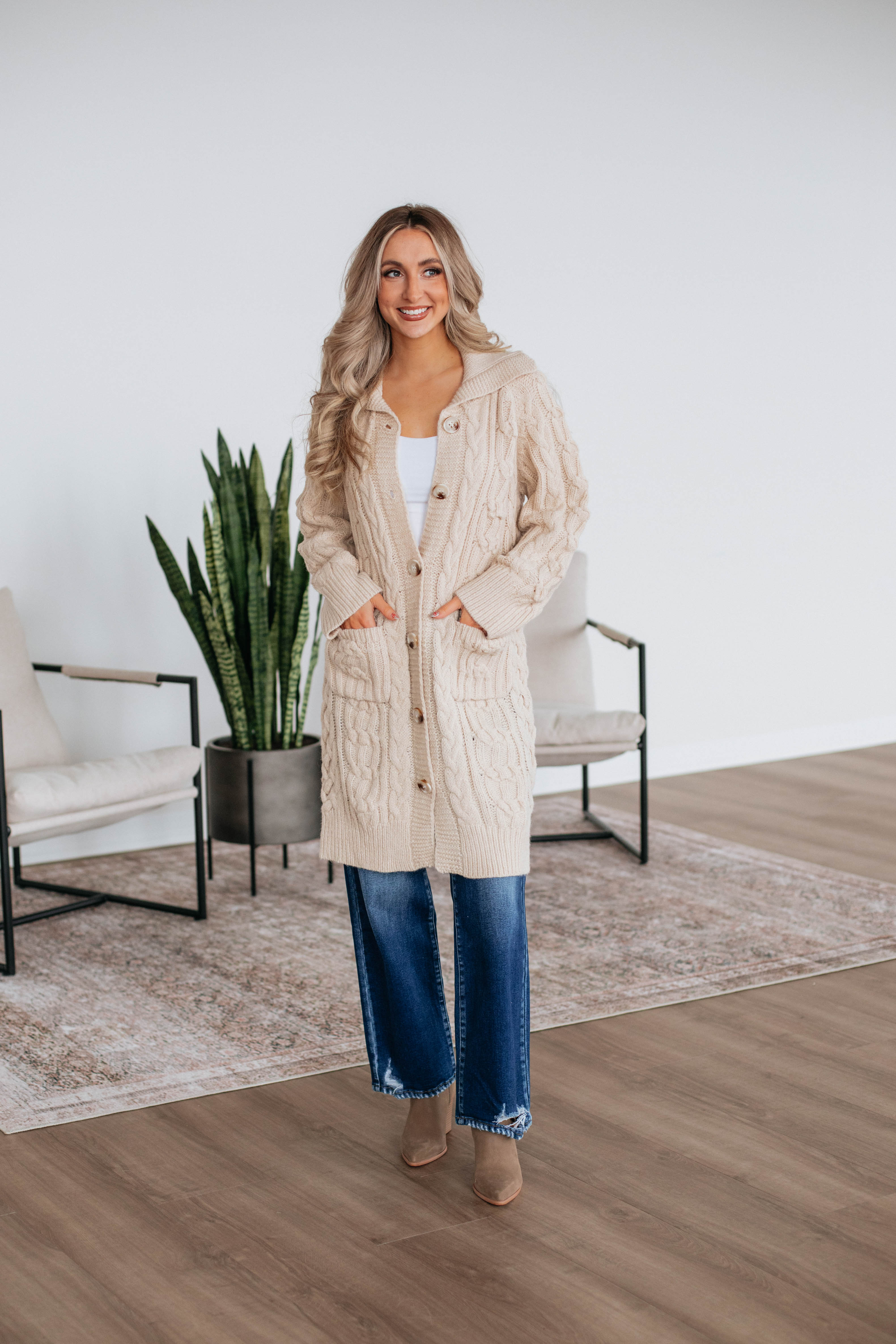 Women's Danna Cable Knit Cardigan Sweater - Soft Natural Color for Fall & Winter | Cozy Layering for Casual Outfits & Office Wear
