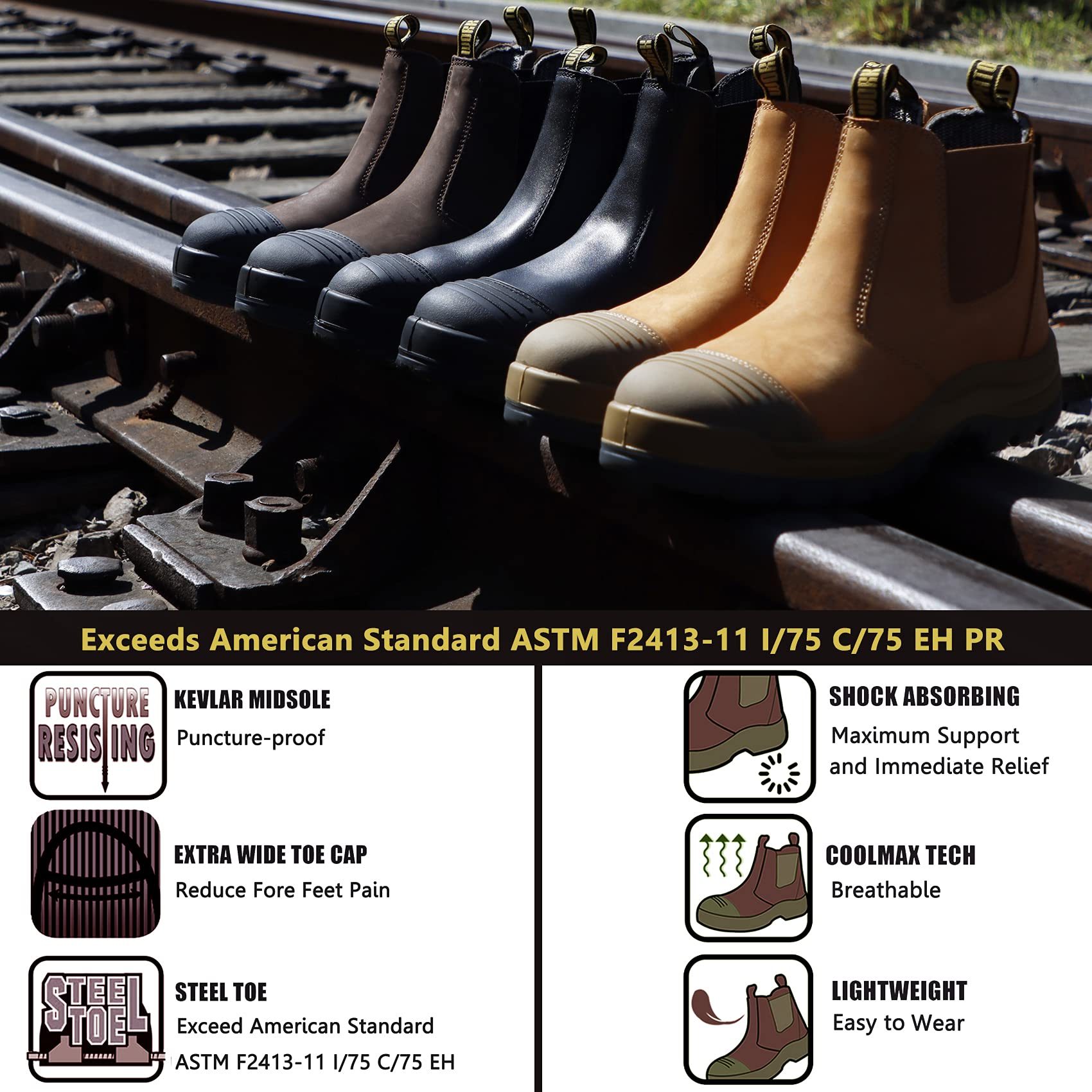 **Men's Steel/Soft Toe Waterproof Work Boots - Slip Resistant, Static Dissipative Safety Shoes for Construction & Outdoor Work (Dark Brown) - Ideal for Heavy Duty Jobs, Hiking & Industrial Use**