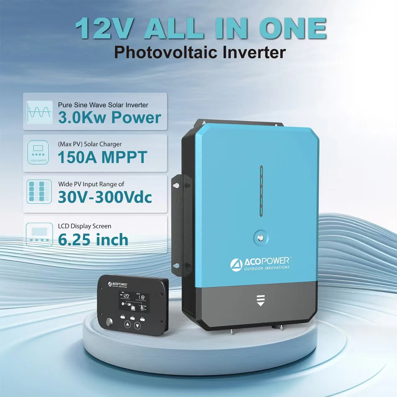 ACOPOWER 3000W 12V Pure Sine Wave Hybrid Solar Inverter Charger with LCD Display - Perfect for RV, Off-Grid Cabins, Boats & Emergency Power Backup