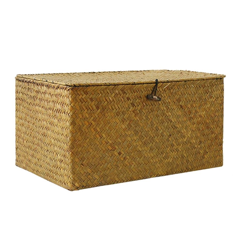 XWWDP Square Hand-Woven Seaweed Storage Basket with Button Lid - Desktop Organizer for Sundries, Candy, Toys & Household Items | Perfect for Home, Office & Nursery Organization