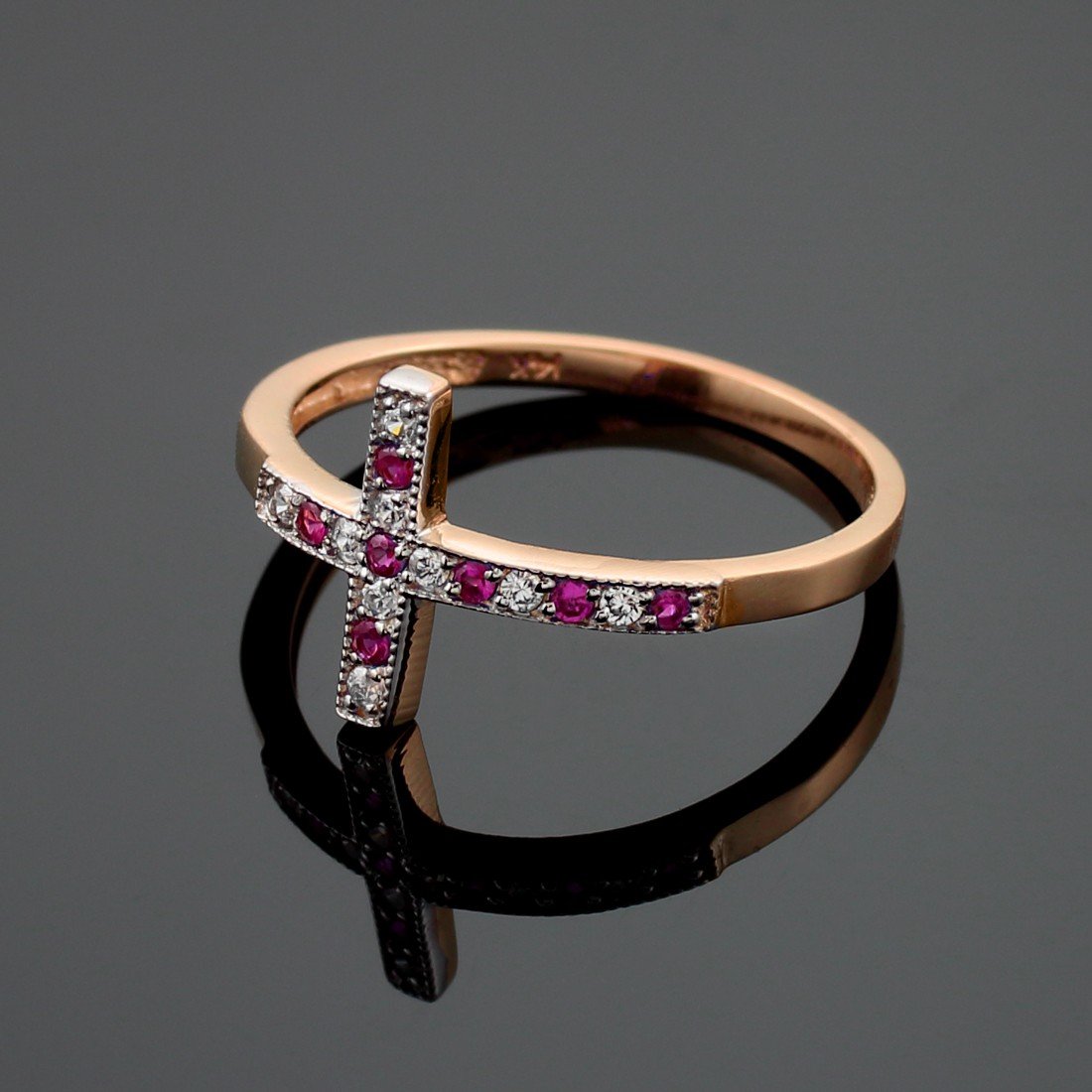 14k Rose Gold Sideways Cross Ring with Genuine Ruby & Diamond - Elegant Jewelry for Women, Perfect for Gifts, Weddings & Special Occasions