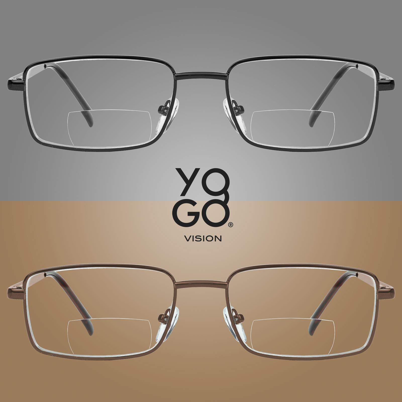 Yogo Vision Bifocal Reading Glasses 2 Pack - Metal Full Rim Rectangle Readers for Men & Women - Perfect for Reading Books, Using Smartphones & Computer Work