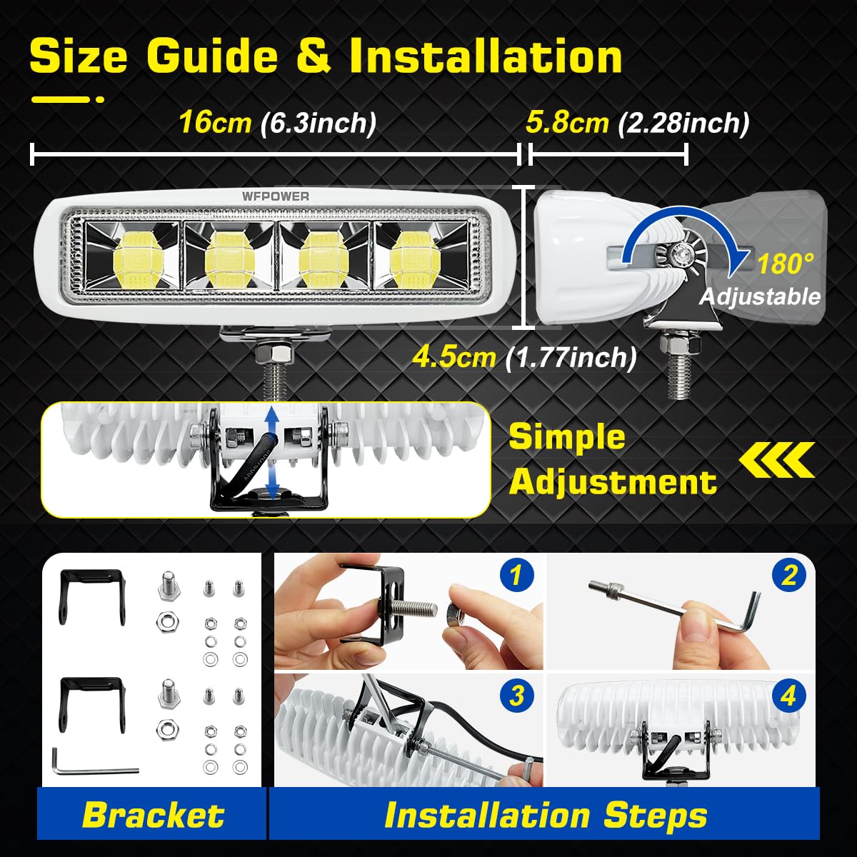 WFPOWER 6.3 Inch 72W Waterproof Marine LED Spreader Lights - 2 Pack COB Spotlight for Boat T-Top, Deck, Dock & Pontoon Fishing - 12V White Flood Lights for Night Navigation & Safety