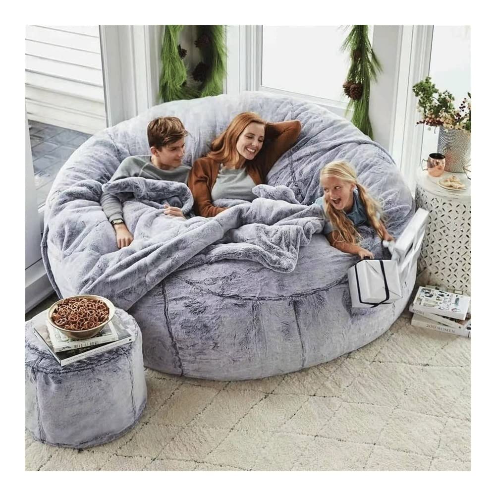 7ft Giant Bean Bag Cover - Suede & Fluffy Fur Sofa Chair Cover for Adults, Extra Large Portable Lazy Sofa Bed Replacement (Light Grey) - Perfect for Living Room, Bedroom, Game Room & Dorm Relaxation