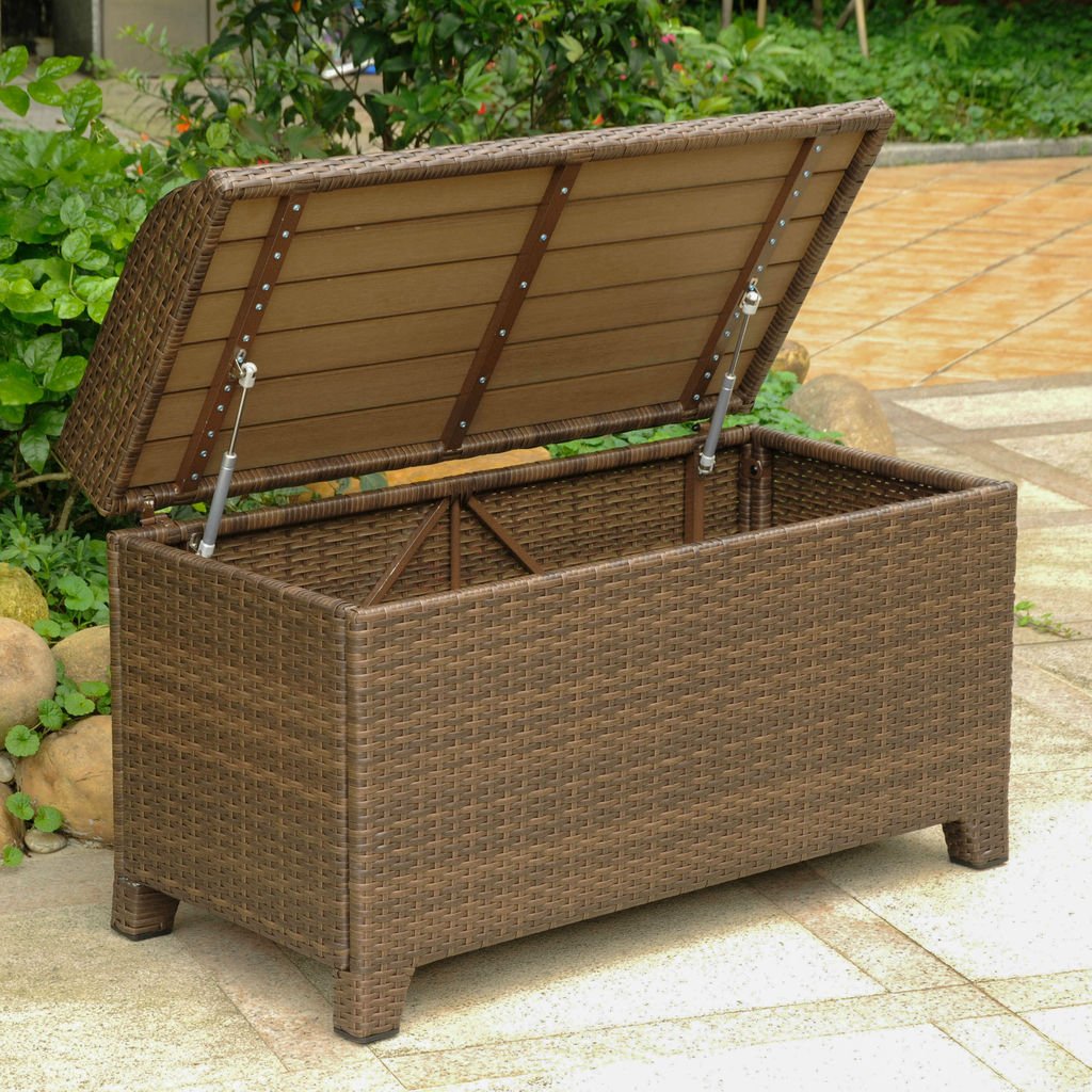 International Caravan Barcelona Patio Storage Bench in Honey Pecan - Outdoor Furniture with Weather-Resistant Wood - Perfect for Garden, Deck, and Poolside Storage