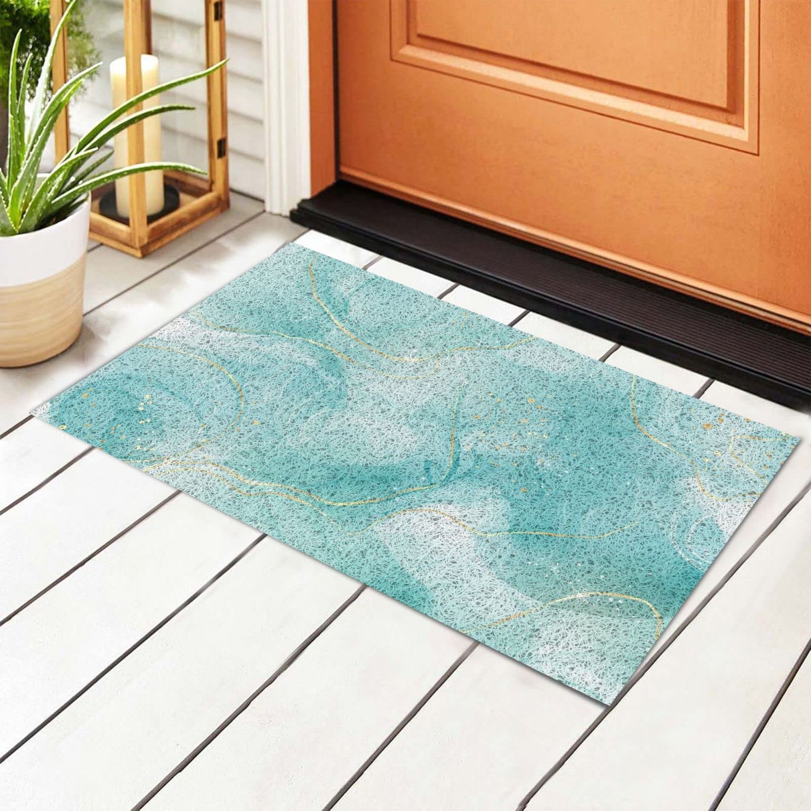 BoeHiop Turquoise Marble Welcome Doormat - Non-Slip Absorbent Entryway Rug for Indoor/Outdoor Use - Personalized Front Door Mat for Home Decor - Perfect for Porch, Patio & Mudroom