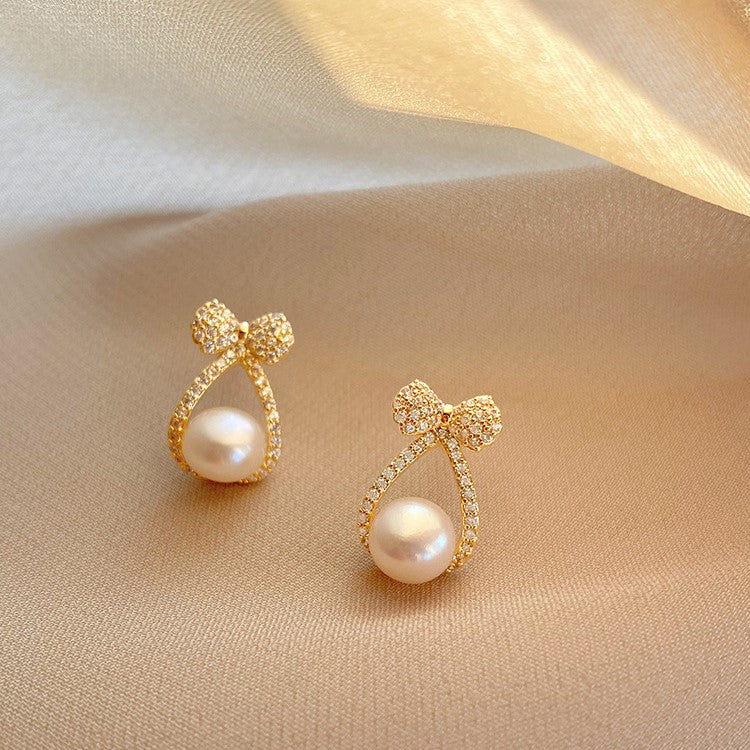 Classic Pearl Bow Ribbon Stud Earrings for Women | Elegant Dainty Jewelry Gift for Her | Perfect for Weddings, Parties & Everyday Wear (D3006)