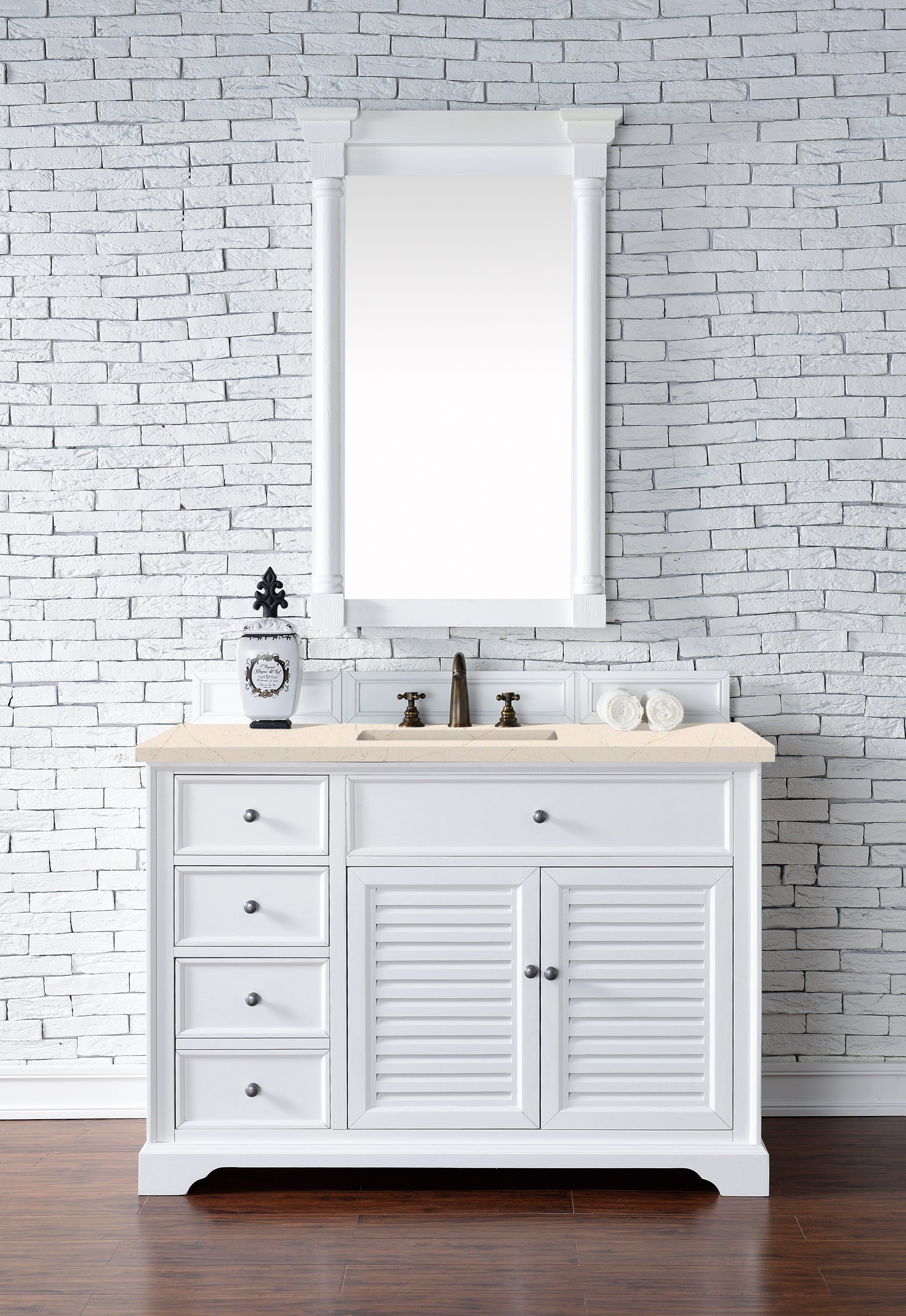 Savannah 48-Inch Single Bathroom Vanity Cabinet in Bright White with 3CM Eternal Marfil Quartz Countertop - Perfect for Modern Master Bathrooms & Guest Suites