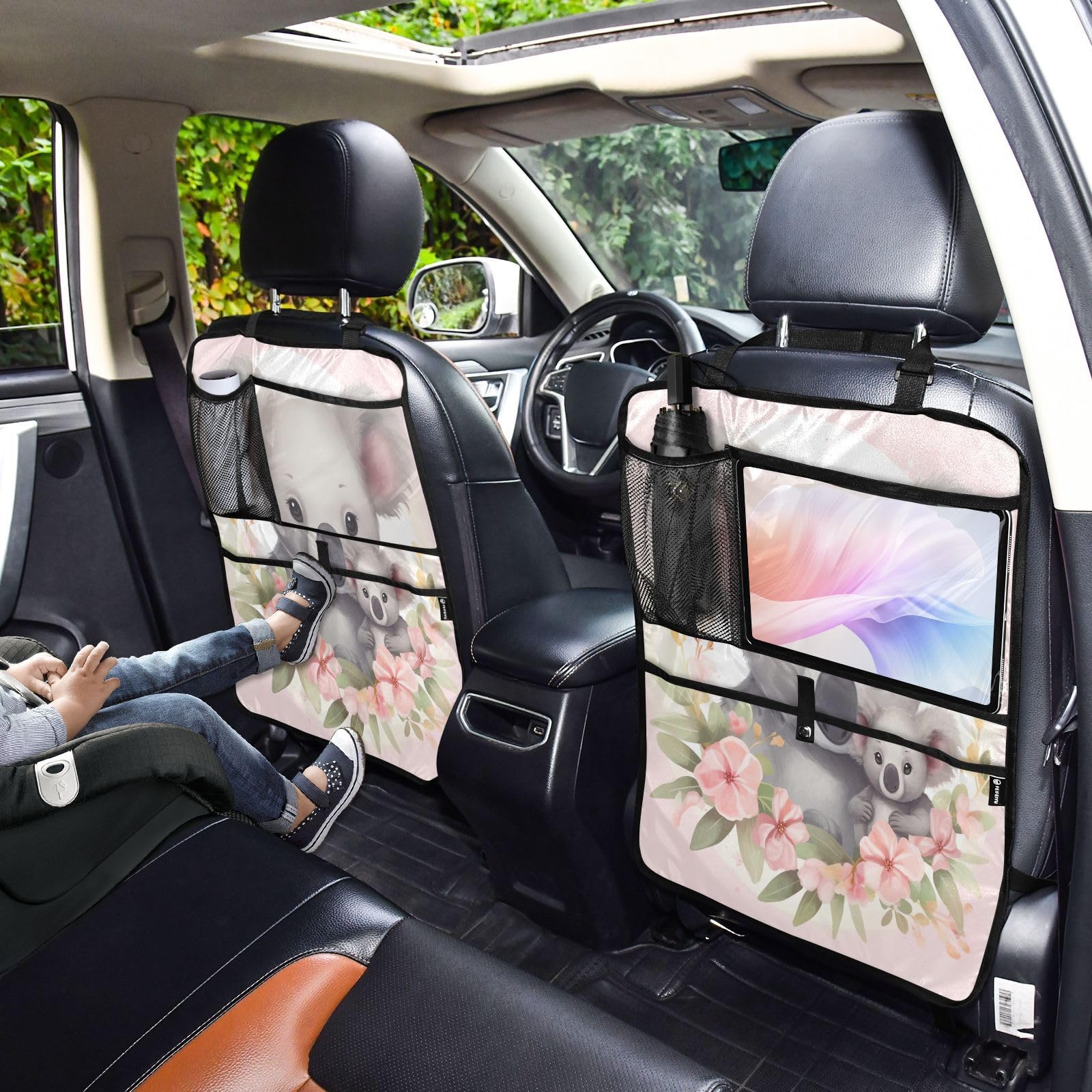 Koala Print Car Seat Protector with Storage Pockets - Waterproof Back Seat Organizer & Kick Mat for Child Safety - Perfect for Family Road Trips and Baby Car Seat Protection
