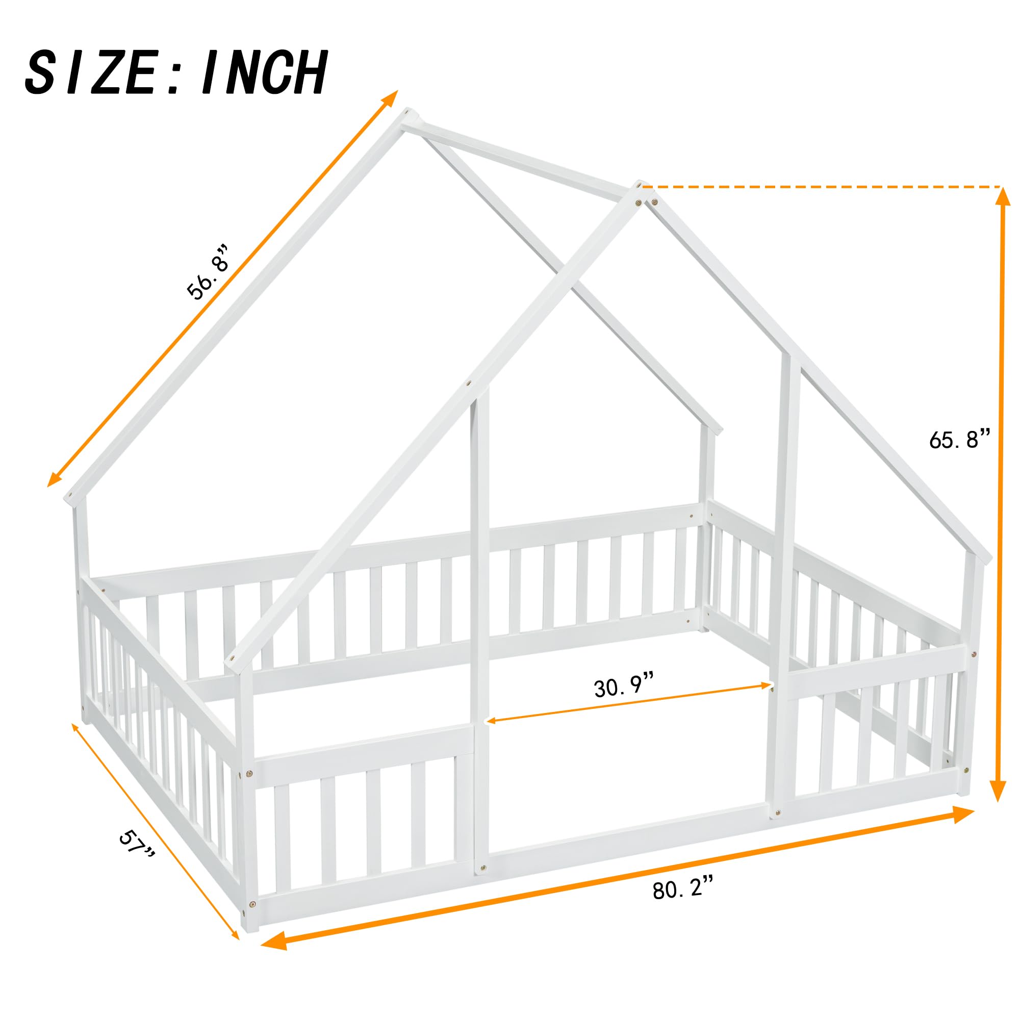 Bellemave Full Size Wooden House Floor Bed for Kids - Montessori Style Playhouse Bed Frame with Safety Fence for Boys & Girls - Perfect for Bedrooms, Playrooms and Montessori Learning Spaces (White)