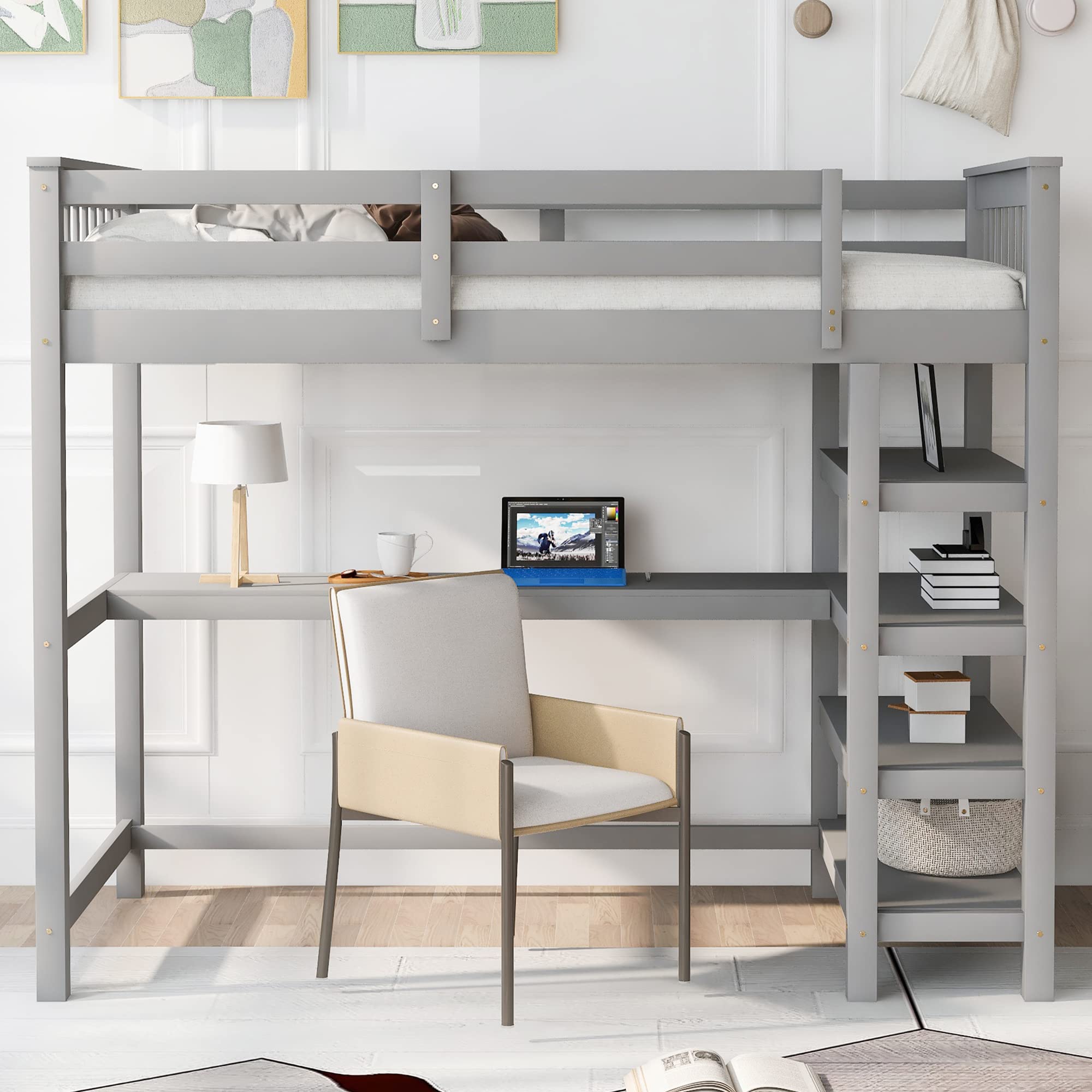 Harper & Bright Designs Twin Size Loft Bed with Desk & Storage Shelves - Space-Saving Wooden Loft Bed for Kids & Teens, No Box Spring Needed, Grey - Perfect for Small Bedrooms, Dorm Rooms & Studio Apartments
