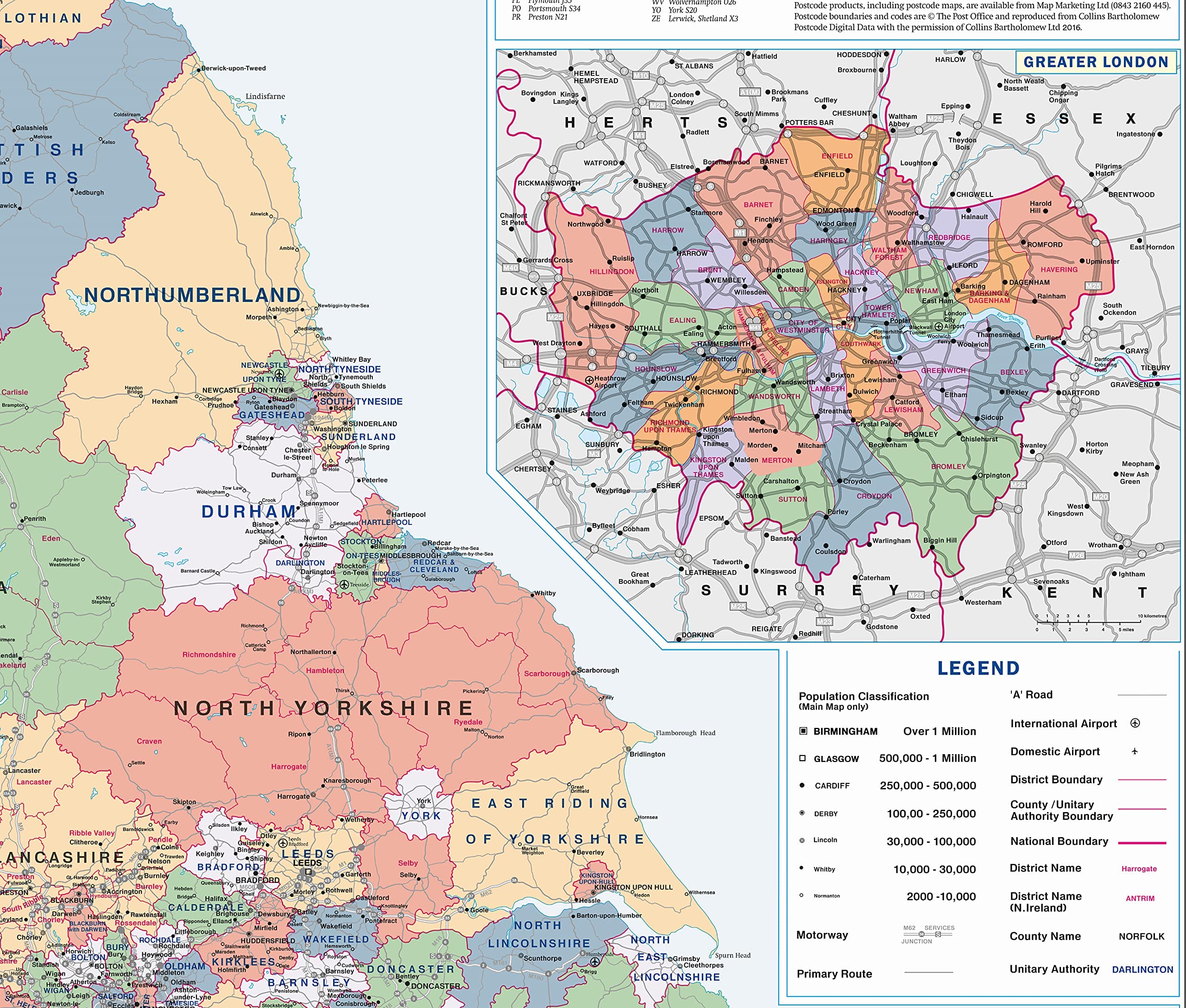 UK Wall Map - Laminated Large Detailed Map of England, Scotland, Wales & Northern Ireland with Counties, Districts & Unitary Authorities | Includes Road Networks, Postcode Areas, London Boroughs & Population Data | Perfect for Home Decor, Classroom Education & Office Planning