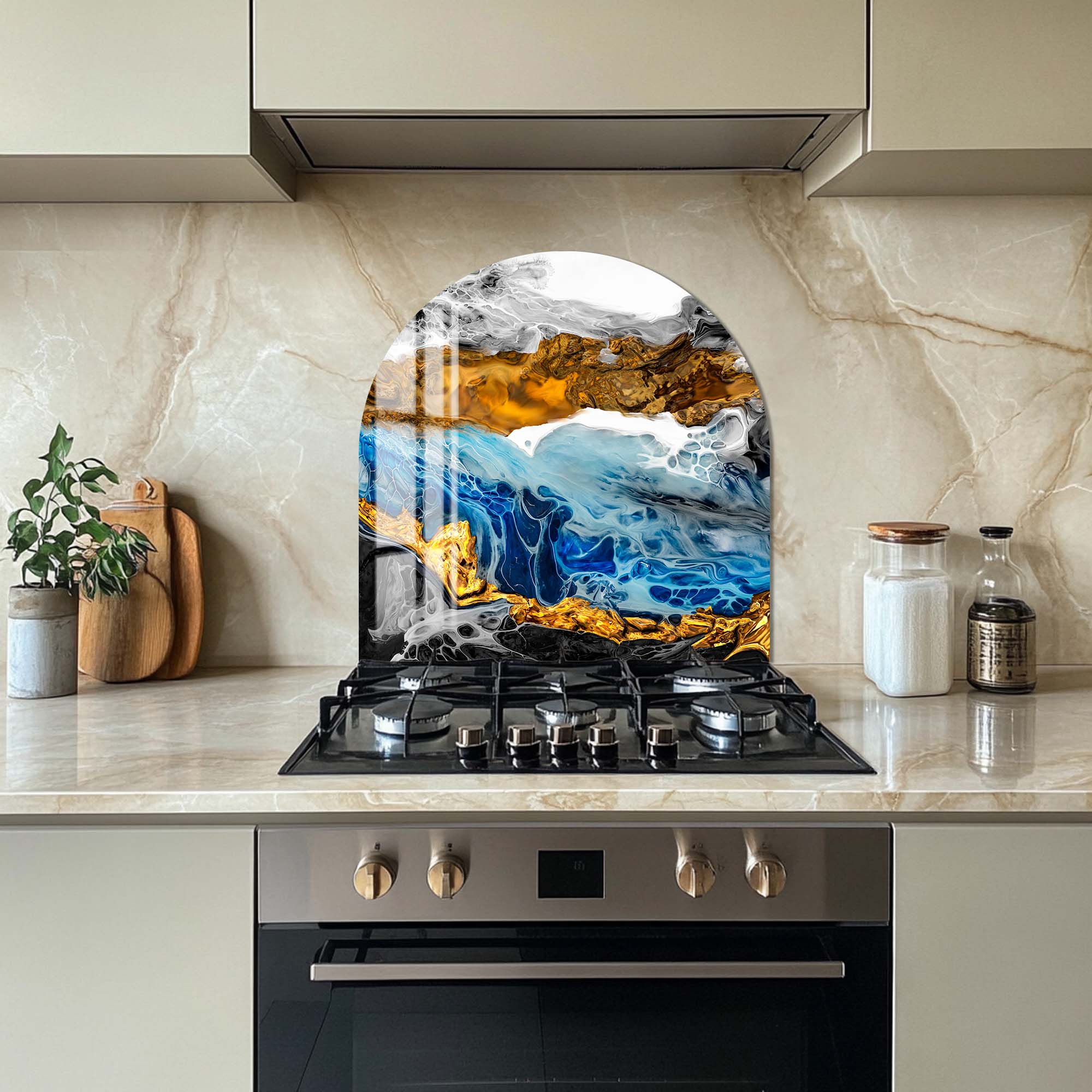 Premium Gold & Blue Marble Glass Splashback - Stylish Kitchen Backsplash for Modern Homes | Perfect for Countertops, Stoves & Cooking Areas