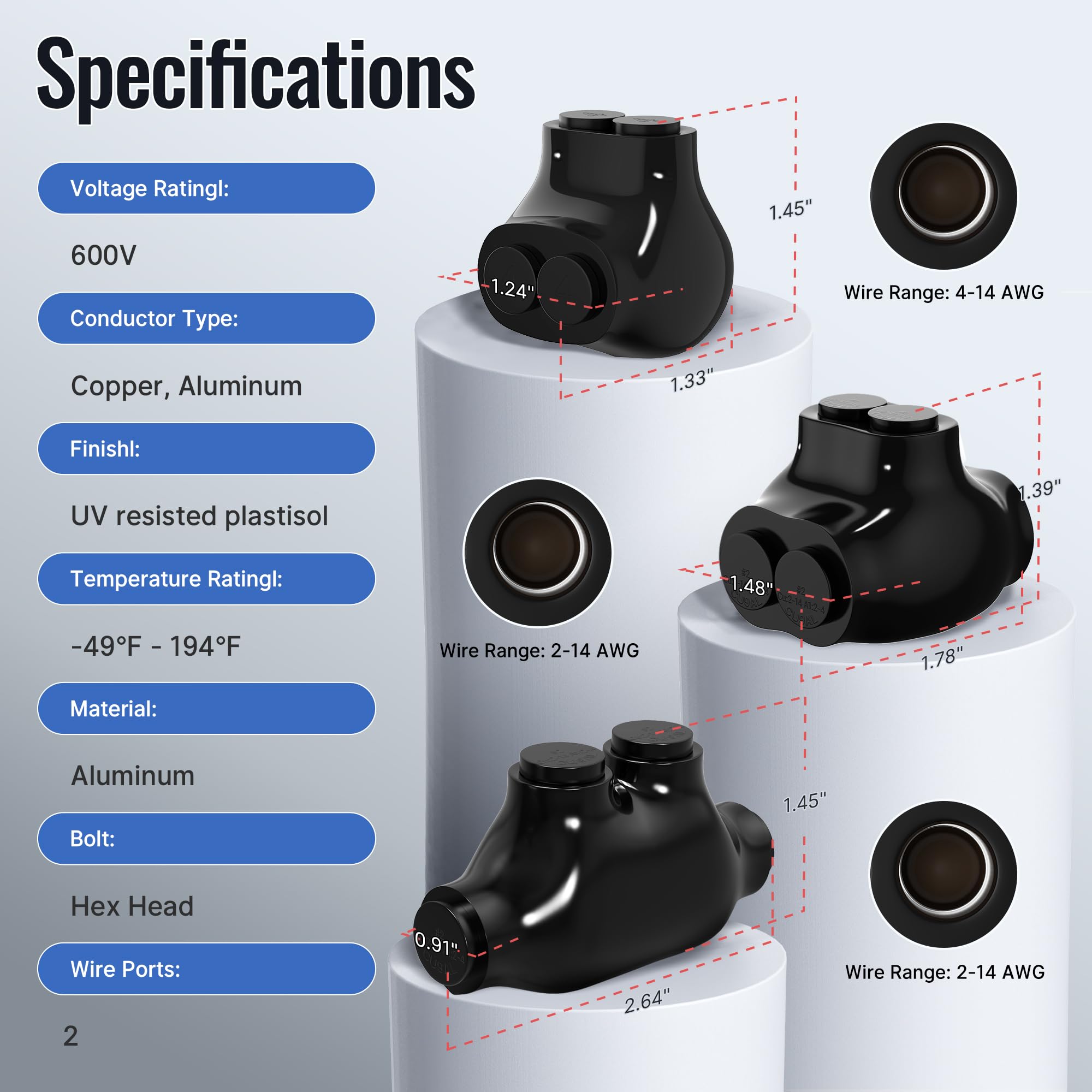 6 Pack 2 Port Insulated Multi Connectors - Aluminum to Copper Wire Connectors with Slotted Allen Hex Splice (2-14AWG & 4-14AWG Wire Range) - Ideal for Electrical Wiring, Automotive Repairs, and DIY Home Projects