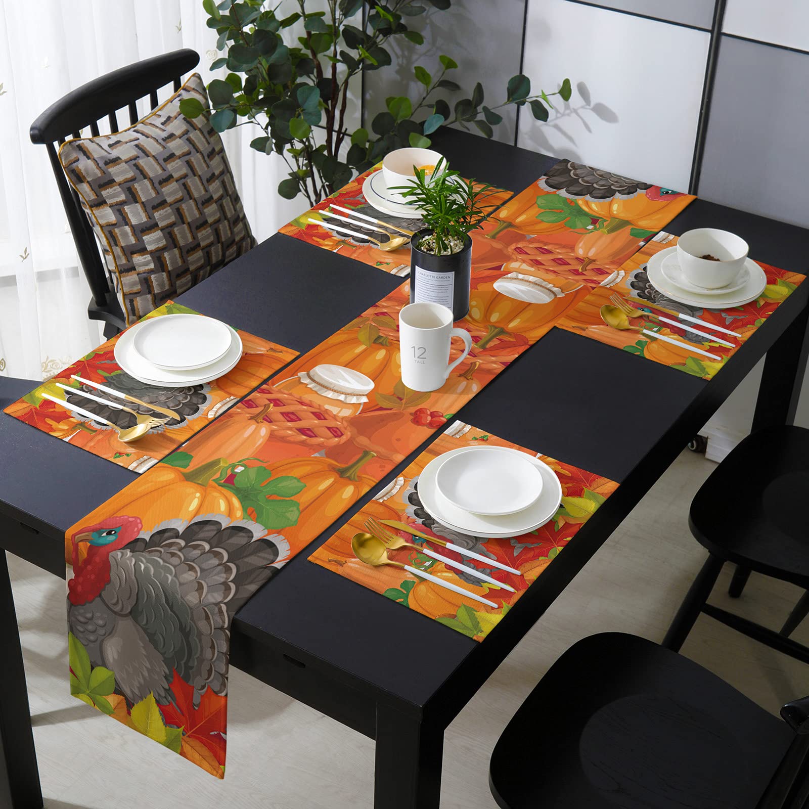 Chaven Home Farmhouse Style Cartoon Turkey & Pumpkin Table Runner Set with 2 Placemats - Thanksgiving Fall Kitchen Dining Table Decor for Indoor/Outdoor Parties, Seasonal Home Decoration