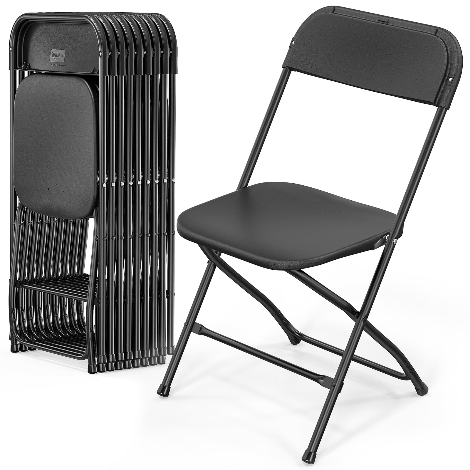 VINGLI 10 Pack Black Plastic Folding Chairs - Heavy Duty 350lb Capacity Stackable Chairs with Steel Frame for Indoor & Outdoor Use - Perfect for Events, Weddings, Parties, Office, Picnics, Kitchen & Dining Room