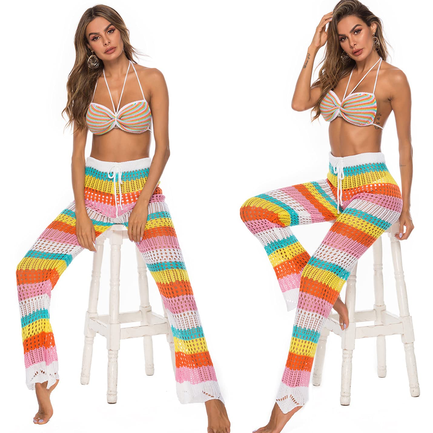 PEHMEA Women's Crochet Beach Pants - Hollow Out Rainbow Swimsuit Cover Up Trousers for Summer Vacation, Pool Party & Boho Fashion