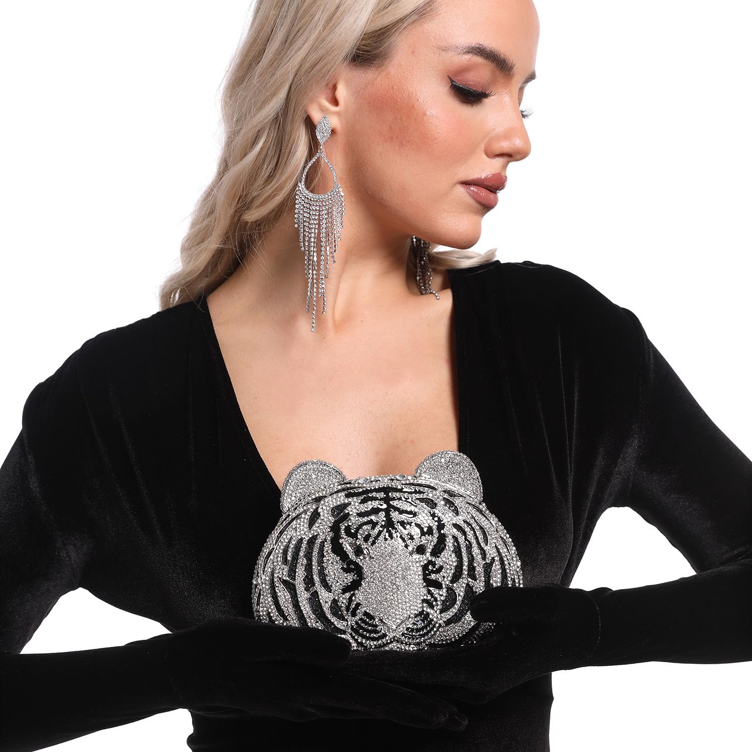FGG Tiger Clutch Purse for Women - Elegant Rhinestone Animal Print Evening Bag with Crystal Details for Formal Party, Prom, Wedding & Special Occasions - Mini Size Handbag for Night Out & Dinner Date