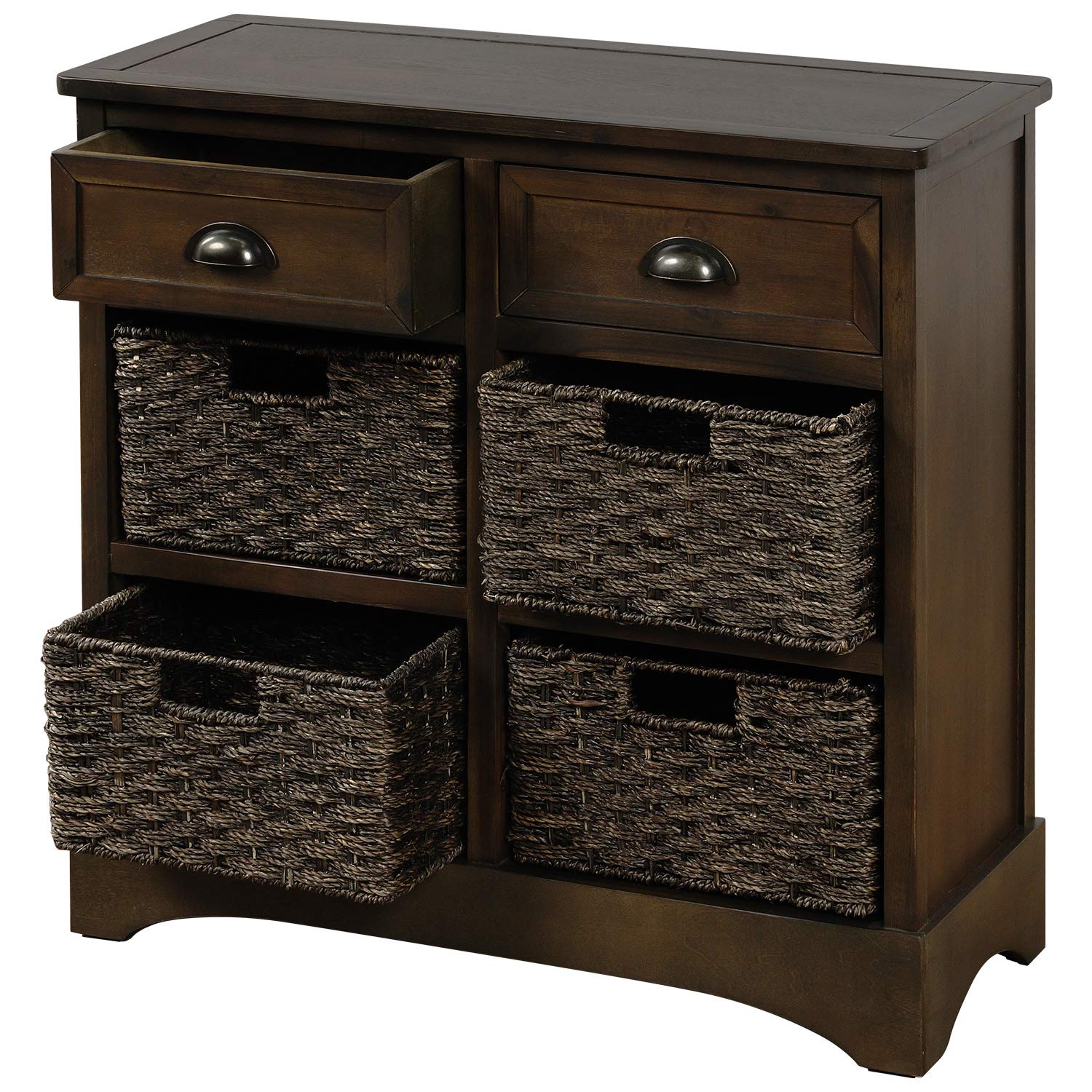 Rustic Storage Cabinet with 2 Drawers & 4 Fabric Baskets - Vintage Accent Cabinet for Bedroom, Living Room, or Entryway Organization