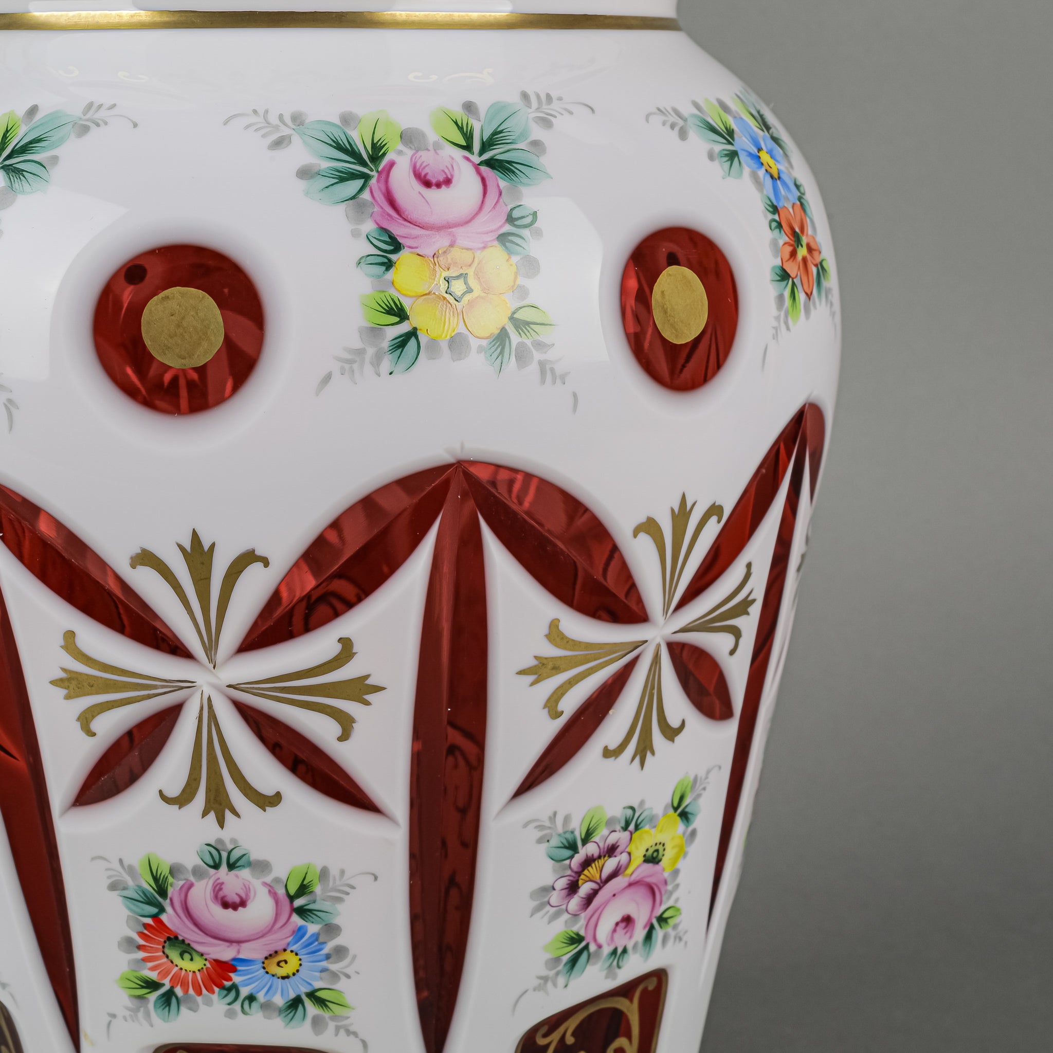 Hand Painted Bohemian Cranberry Glass Vase - White Case Home Decor for Dining Table, Wedding Centerpiece & Boho Chic Living Room Accent