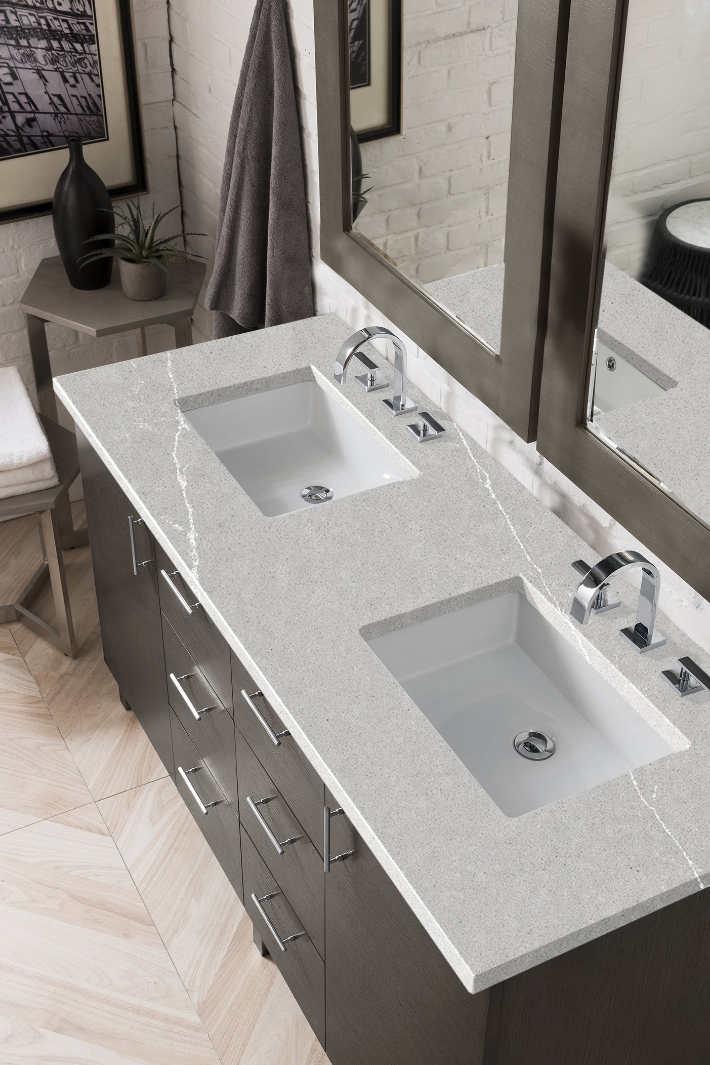 Metropolitan 60 Inch Double Bathroom Vanity in Silver Oak with 3CM Eternal Serena Quartz Countertop - Perfect for Master Bathroom Renovation & Modern Home Decor
