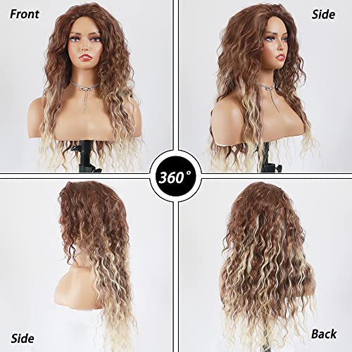 Curly Blonde Brown Reverse Ombre Wig - Long Synthetic Hairpiece for Cosplay, Halloween & Daily Fashion